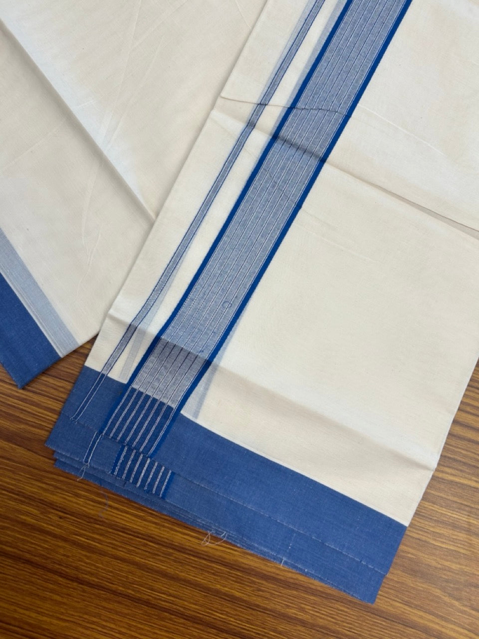 20% Discount! KaithariKada Balaramapuram Pure Cotton Double Off White Mundu/Dhoti - 100x80 - 1.75 Inch Silver Kasav & Blue Stripes Kara 4 mtr (8.5 Muzham) - 23 KK5284 PMC