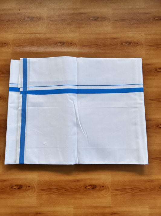 Single Pure White 100% Pure Cotton Mundu/Dhoti - 8% Discount! KaithariKada Mill Bleached - 40s - 1 cm Azure Blue Kara (2 meter / 4 muzham) - 9 KK5467 MC