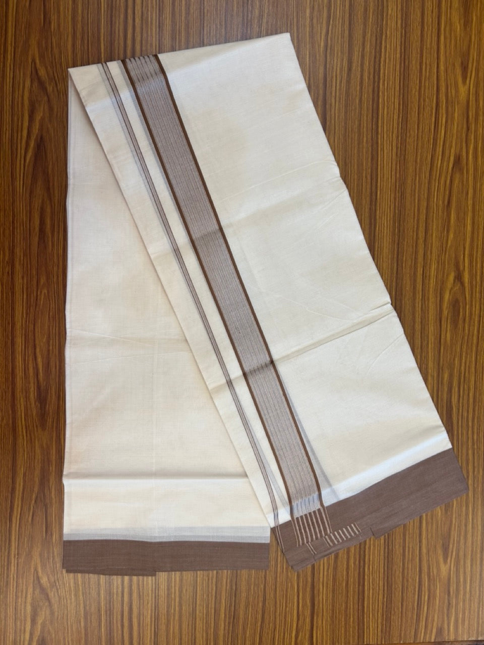 20% Discount! KaithariKada Balaramapuram Pure Cotton Double Off White Mundu/Dhoti - 100x80 - 1.75 Inch Silver Kasav & Brown Stripes Kara 4 mtr (8.5 Muzham) - 20 KK5284 PMC