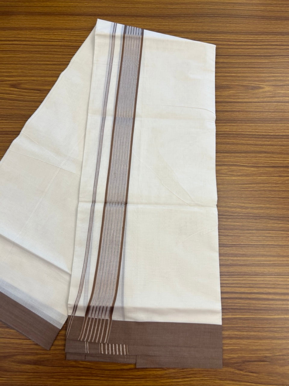 20% Discount! KaithariKada Balaramapuram Pure Cotton Double Off White Mundu/Dhoti - 100x80 - 1.75 Inch Silver Kasav & Brown Stripes Kara 4 mtr (8.5 Muzham) - 20 KK5284 PMC