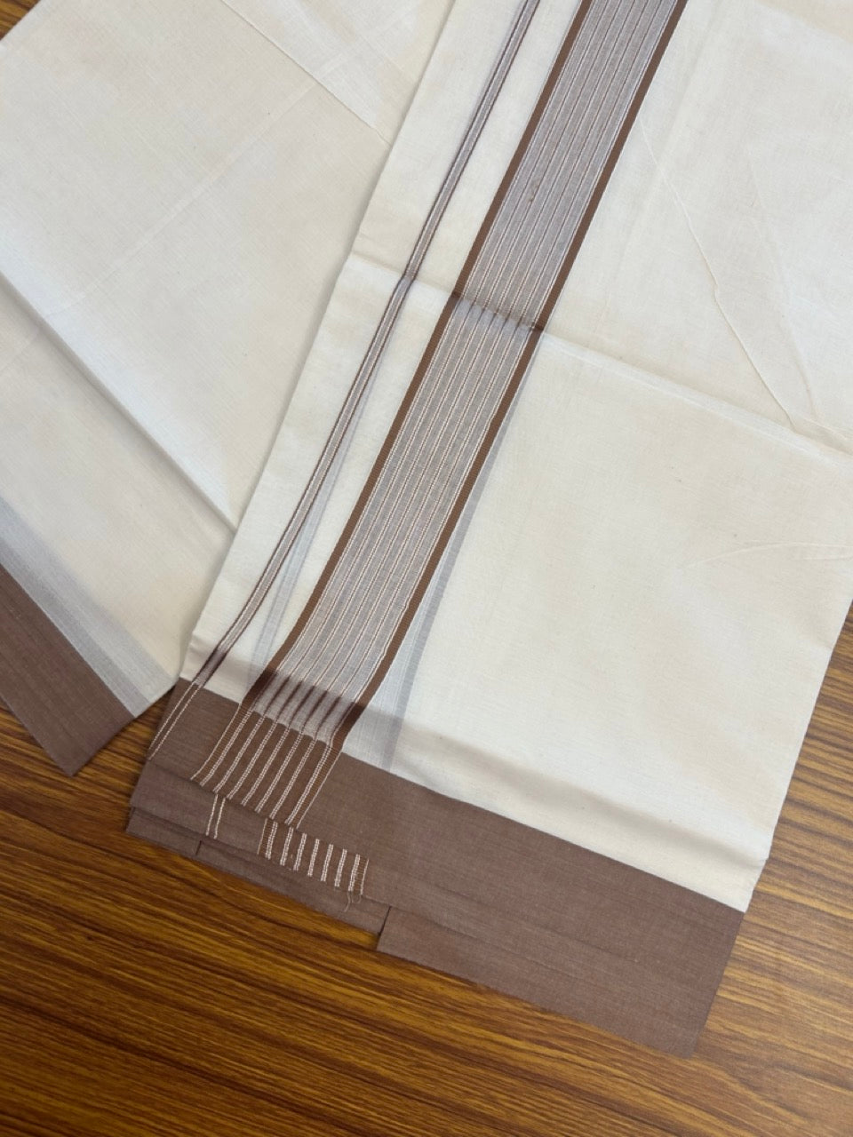 20% Discount! KaithariKada Balaramapuram Pure Cotton Double Off White Mundu/Dhoti - 100x80 - 1.75 Inch Silver Kasav & Brown Stripes Kara 4 mtr (8.5 Muzham) - 20 KK5284 PMC