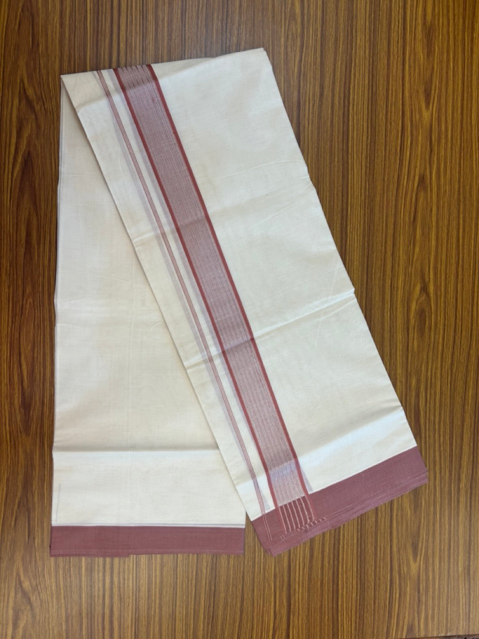 20% Discount! KaithariKada Balaramapuram Pure Cotton Double Off White Mundu/Dhoti - 100x80 - 1.75 Inch Silver Kasav & Dusty Peach Stripes Kara 4 mtr (8.5 Muzham) - 22 KK5284 PMC