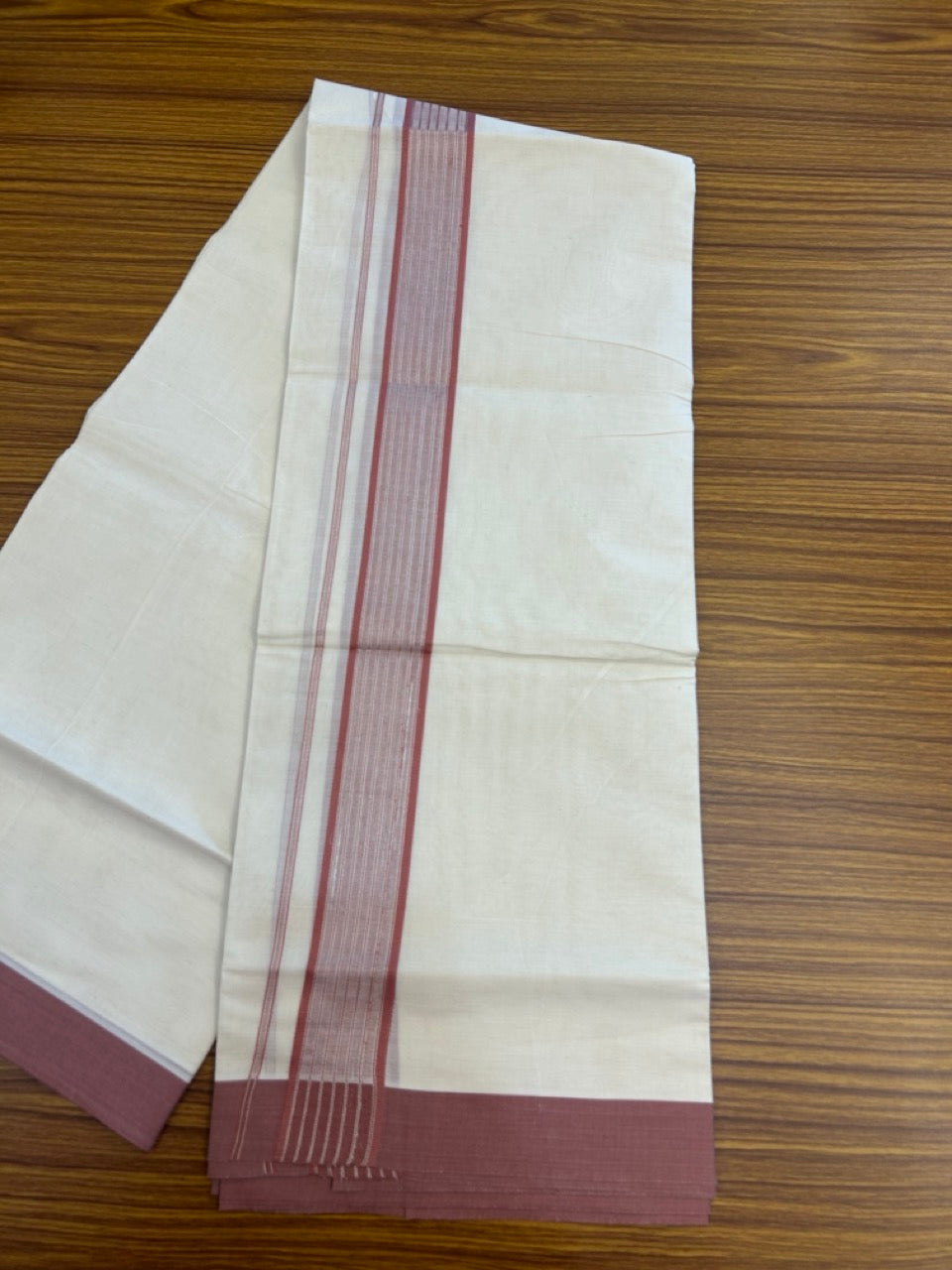 20% Discount! KaithariKada Balaramapuram Pure Cotton Double Off White Mundu/Dhoti - 100x80 - 1.75 Inch Silver Kasav & Dusty Peach Stripes Kara 4 mtr (8.5 Muzham) - 22 KK5284 PMC