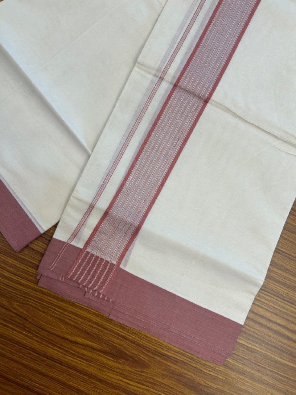 20% Discount! KaithariKada Balaramapuram Pure Cotton Double Off White Mundu/Dhoti - 100x80 - 1.75 Inch Silver Kasav & Dusty Peach Stripes Kara 4 mtr (8.5 Muzham) - 22 KK5284 PMC