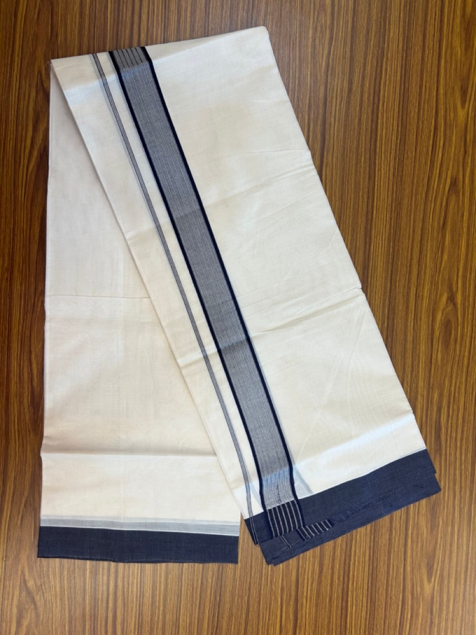 20% Discount! KaithariKada Balaramapuram Pure Cotton Double Off White Mundu/Dhoti - 100x80 - 1.75 Inch Silver Kasav & Navy Blue Stripes Kara 4 mtr (8.5 Muzham) - 25 KK5284 PMC