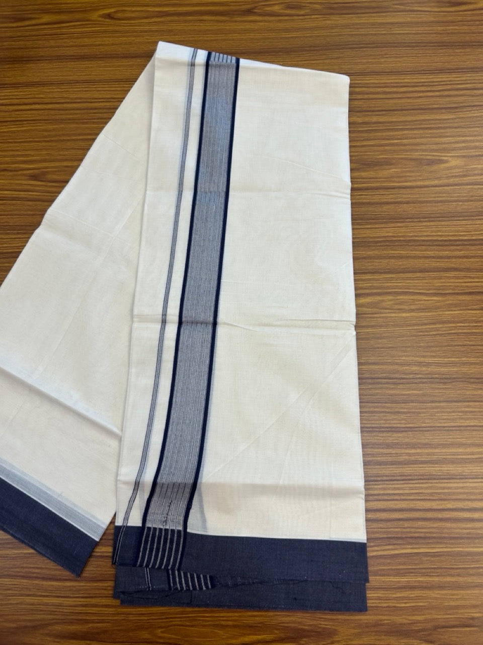 20% Discount! KaithariKada Balaramapuram Pure Cotton Double Off White Mundu/Dhoti - 100x80 - 1.75 Inch Silver Kasav & Navy Blue Stripes Kara 4 mtr (8.5 Muzham) - 25 KK5284 PMC