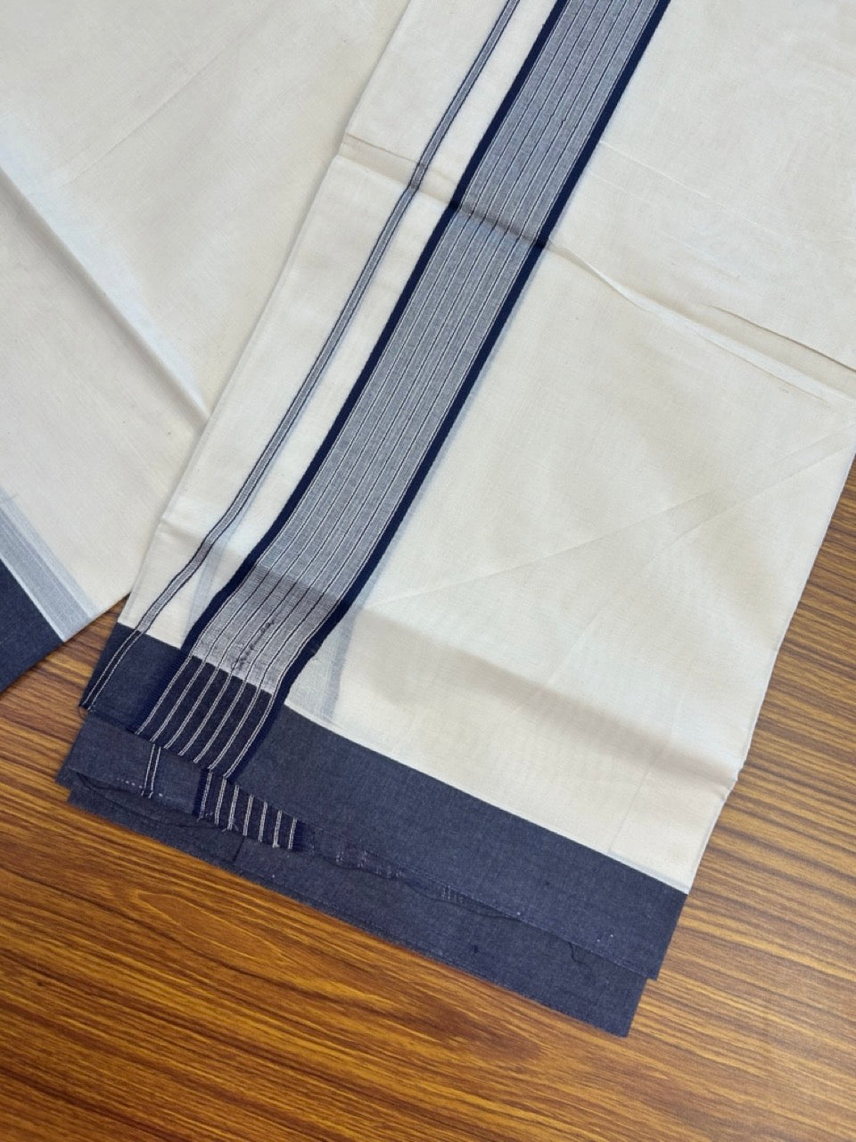 20% Discount! KaithariKada Balaramapuram Pure Cotton Double Off White Mundu/Dhoti - 100x80 - 1.75 Inch Silver Kasav & Navy Blue Stripes Kara 4 mtr (8.5 Muzham) - 25 KK5284 PMC