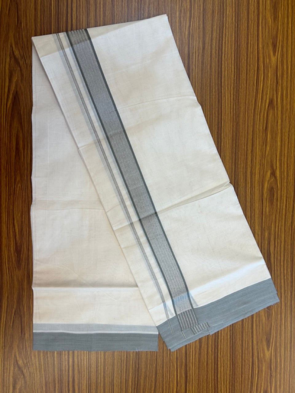 20% Discount! KaithariKada Balaramapuram Pure Cotton Double Off White Mundu/Dhoti - 100x80 - 1.75 Inch Silver Kasav & Grey Stripes Kara 4 mtr (8.5 Muzham) - 26 KK5284 PMC