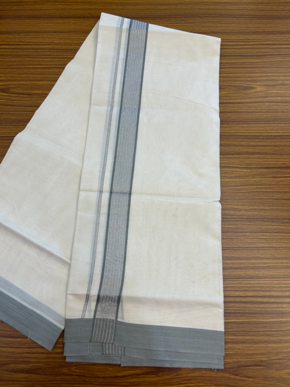 20% Discount! KaithariKada Balaramapuram Pure Cotton Double Off White Mundu/Dhoti - 100x80 - 1.75 Inch Silver Kasav & Grey Stripes Kara 4 mtr (8.5 Muzham) - 26 KK5284 PMC