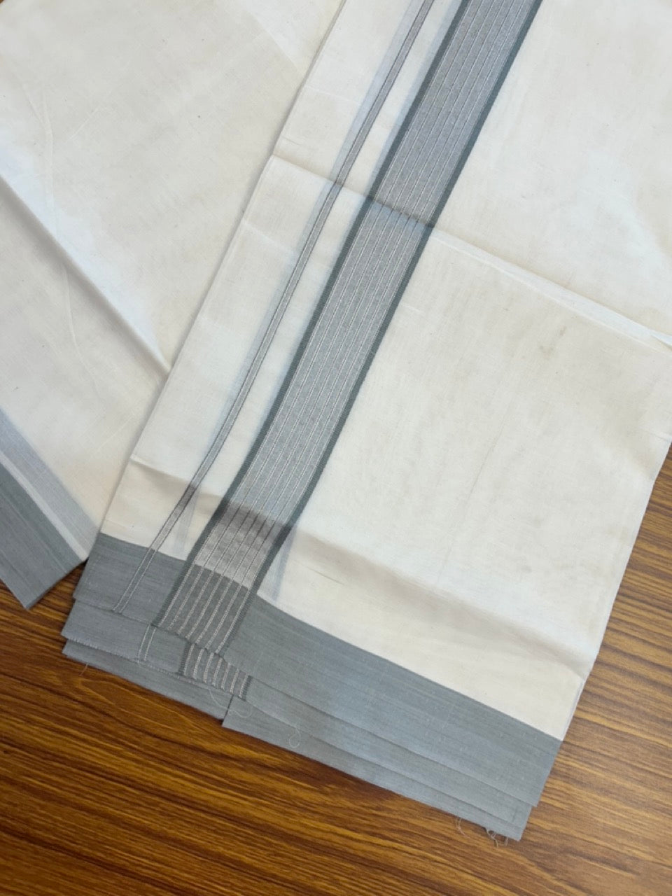 20% Discount! KaithariKada Balaramapuram Pure Cotton Double Off White Mundu/Dhoti - 100x80 - 1.75 Inch Silver Kasav & Grey Stripes Kara 4 mtr (8.5 Muzham) - 26 KK5284 PMC