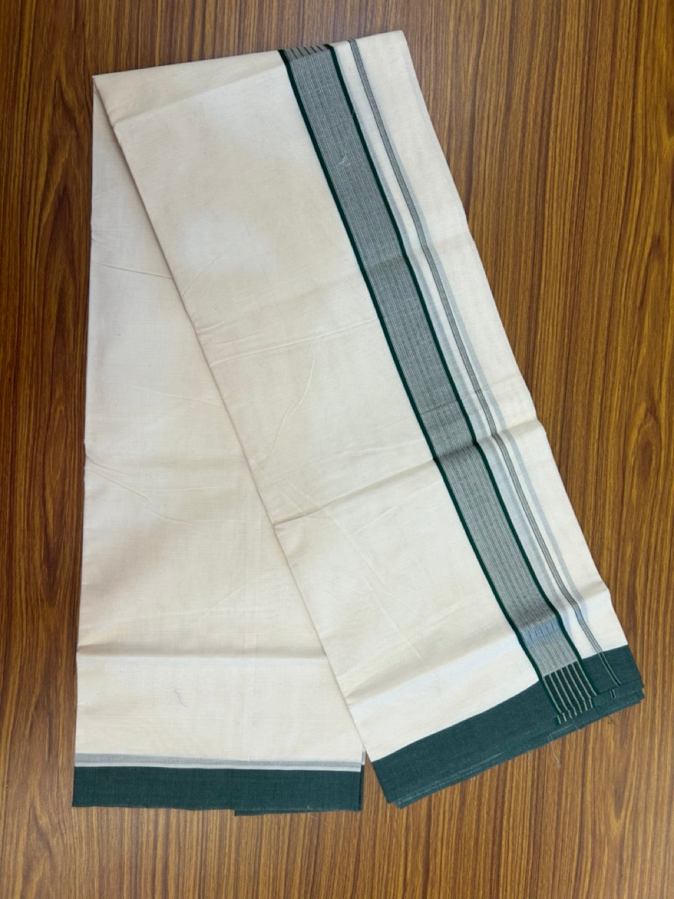 20% Discount! KaithariKada Balaramapuram Pure Cotton Double Off White Mundu/Dhoti - 100x80 - 1.75 Inch Silver Kasav & Dark Green Stripes Kara 4 mtr (8.5 Muzham) - 18 KK5284 PMC