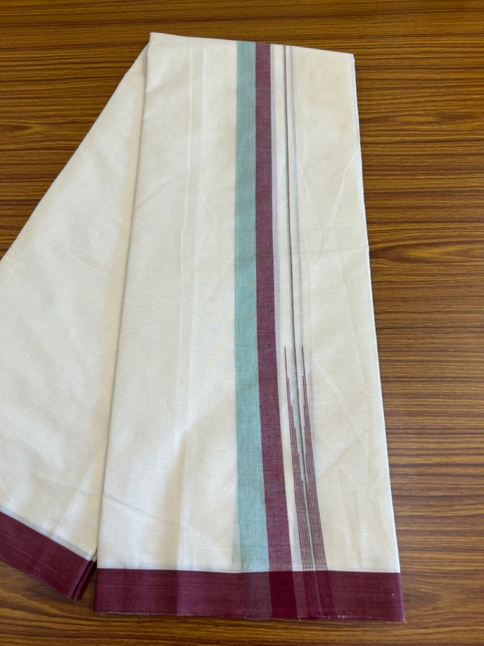 10% Discount!!! KaithariKada Balaramapuram Double Off white - (Unbleached) Mundu/Dhoti - 80X90 - 1.75 inch Maroon & Aqua Green Shaded puliyilakkara striped chutty - 21KK5042KAI