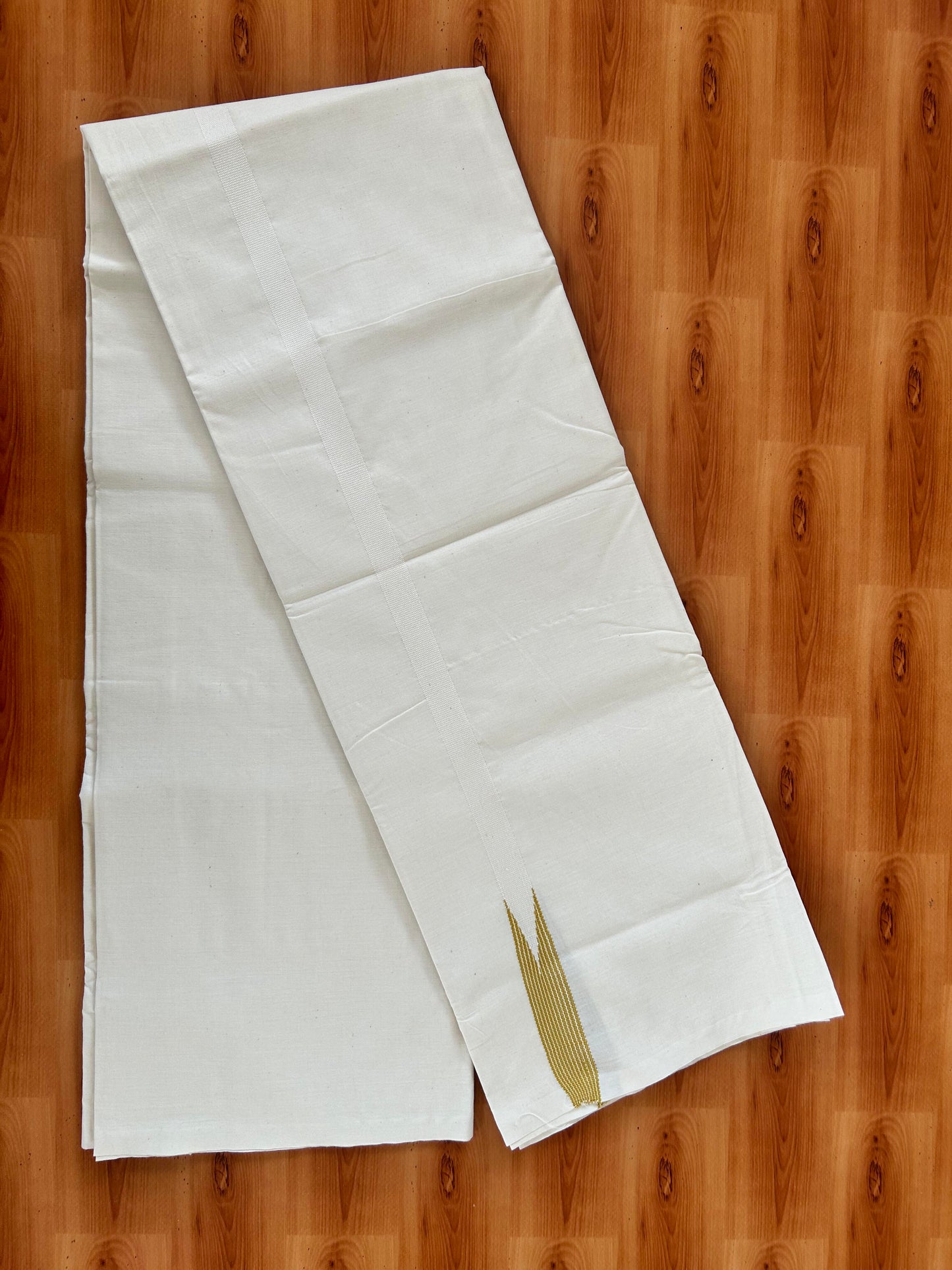 20% Discount!! KaithariKada Balaramapuram 100% Cotton Single Off White - (Unbleached) Mundu/Dhoti - Twisted 100s Thread - 0.75 inch Puliyilakkara Mustard Yellow Striped Chutty Kara(2 meter / 4 muzham) - 1 KK5420 ASH