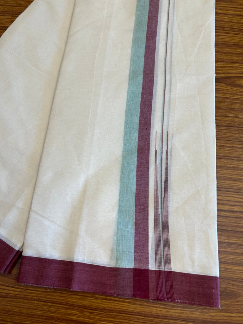 10% Discount!!! KaithariKada Balaramapuram Double Off white - (Unbleached) Mundu/Dhoti - 80X90 - 1.75 inch Maroon & Aqua Green Shaded puliyilakkara striped chutty - 21KK5042KAI