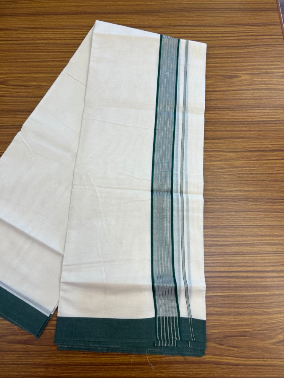 20% Discount! KaithariKada Balaramapuram Pure Cotton Double Off White Mundu/Dhoti - 100x80 - 1.75 Inch Silver Kasav & Dark Green Stripes Kara 4 mtr (8.5 Muzham) - 18 KK5284 PMC