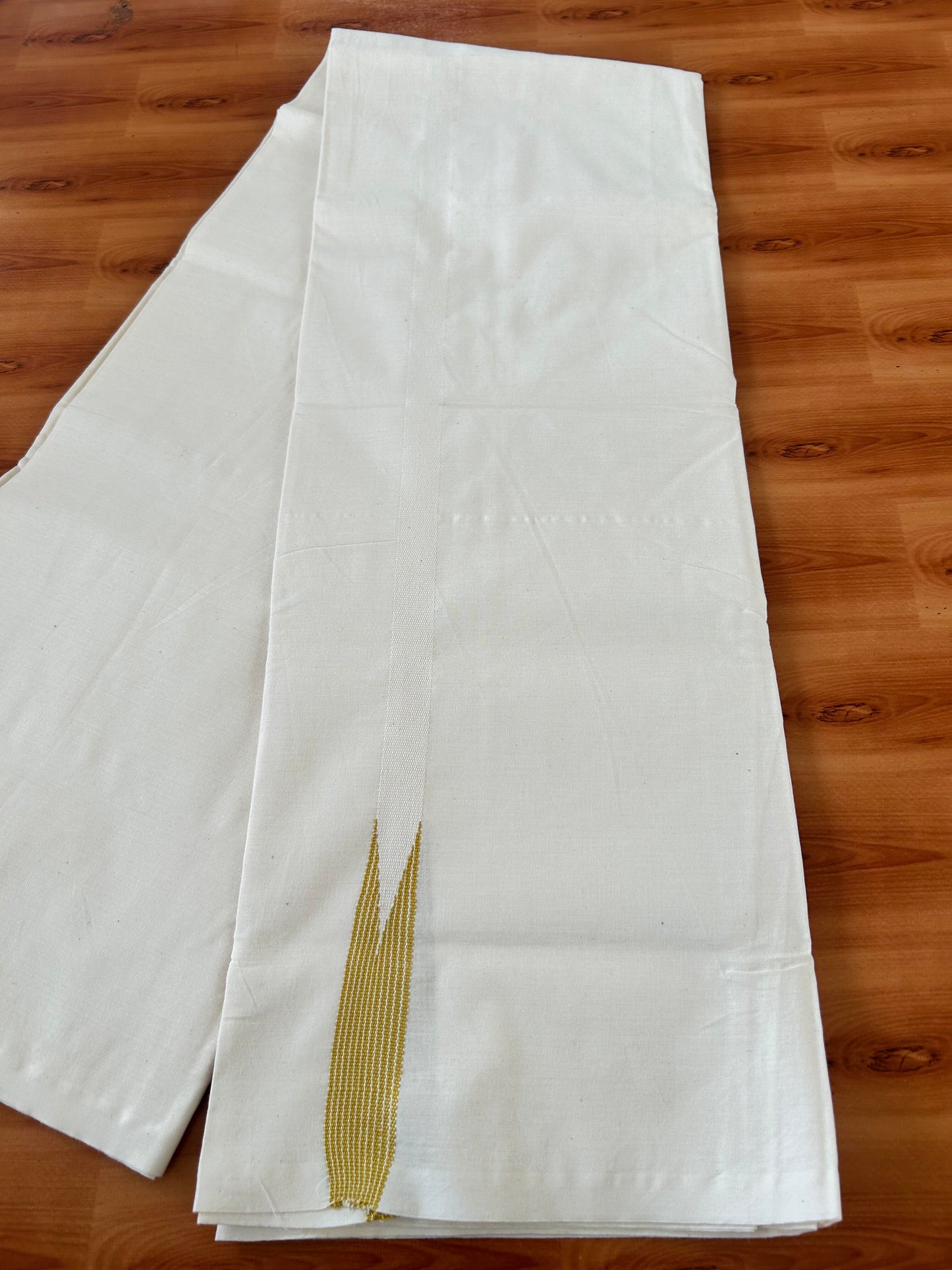 20% Discount!! KaithariKada Balaramapuram 100% Cotton Single Off White - (Unbleached) Mundu/Dhoti - Twisted 100s Thread - 0.75 inch Puliyilakkara Mustard Yellow Striped Chutty Kara(2 meter / 4 muzham) - 1 KK5420 ASH