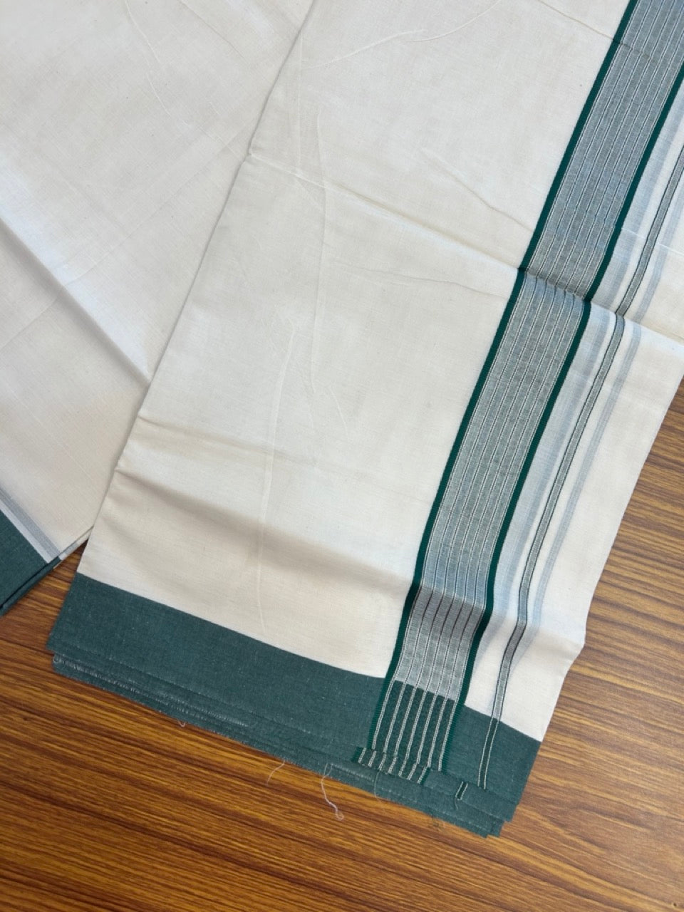 20% Discount! KaithariKada Balaramapuram Pure Cotton Double Off White Mundu/Dhoti - 100x80 - 1.75 Inch Silver Kasav & Dark Green Stripes Kara 4 mtr (8.5 Muzham) - 18 KK5284 PMC