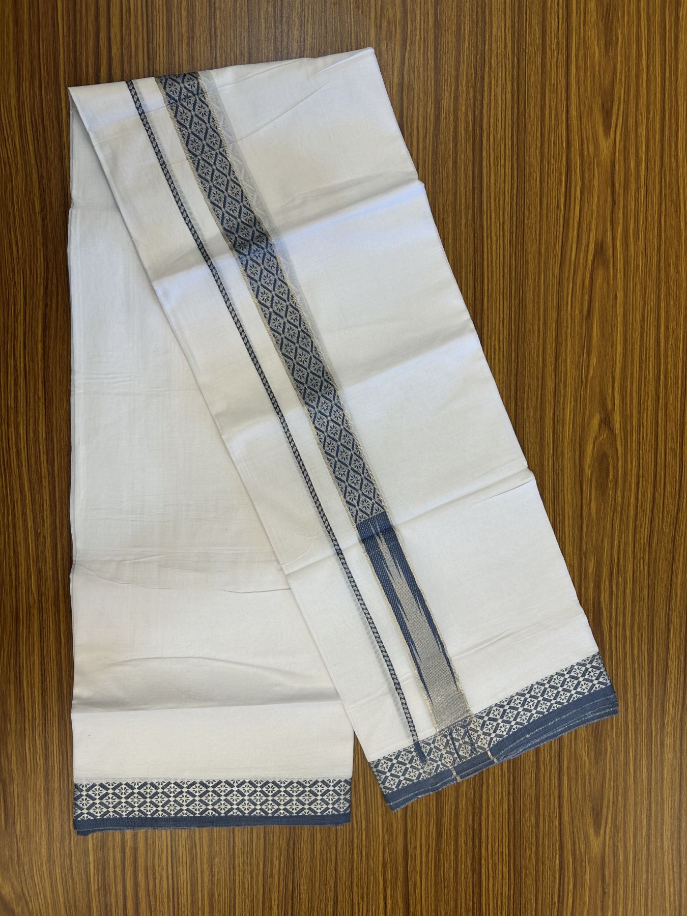 20% Discount ! KaithariKada Balaramapuram 100% Pure Cotton Double Pure White Mundu/Dhoti - 100x80 - 1.25 inch Puliyilakkara Silver Kasav & Peacock Blue Jacquard Design Chutty kara 3.90 mtr (8 Muzham) - 14 KK5321 CJT