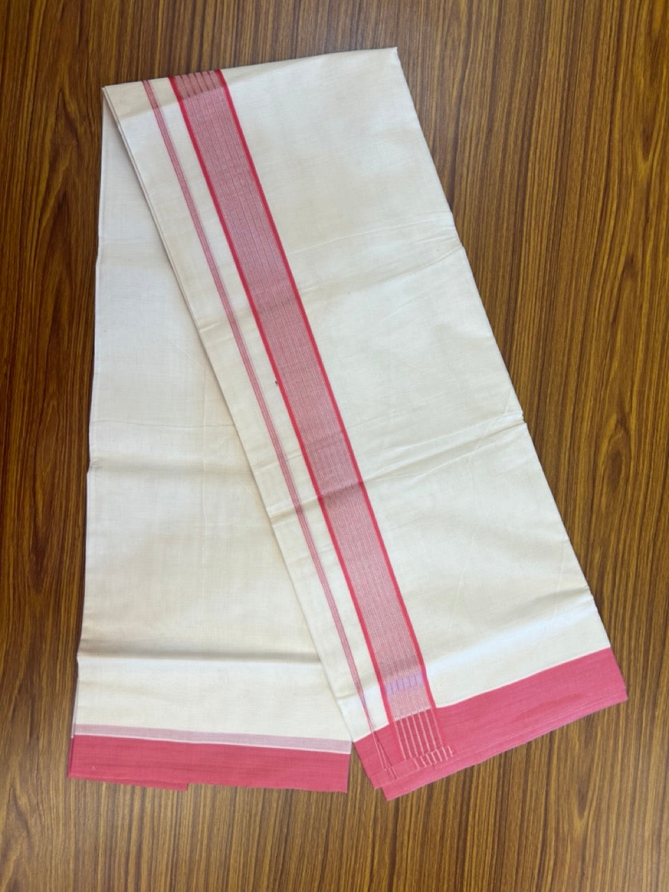 20% Discount! KaithariKada Balaramapuram Pure Cotton Double Off White Mundu/Dhoti - 100x80 - 1.75 Inch Silver Kasav & Pink Stripes Kara 4 mtr (8.5 Muzham) - 21 KK5284 PMC