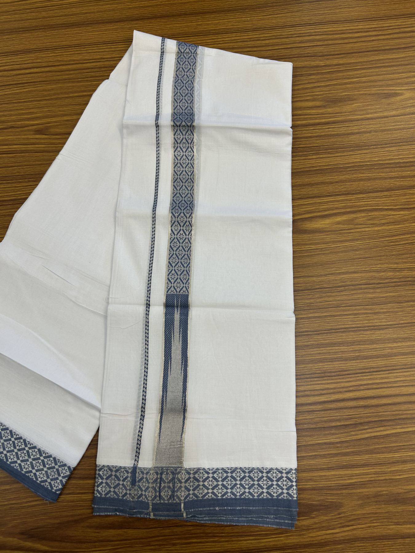 20% Discount ! KaithariKada Balaramapuram 100% Pure Cotton Double Pure White Mundu/Dhoti - 100x80 - 1.25 inch Puliyilakkara Silver Kasav & Peacock Blue Jacquard Design Chutty kara 3.90 mtr (8 Muzham) - 14 KK5321 CJT
