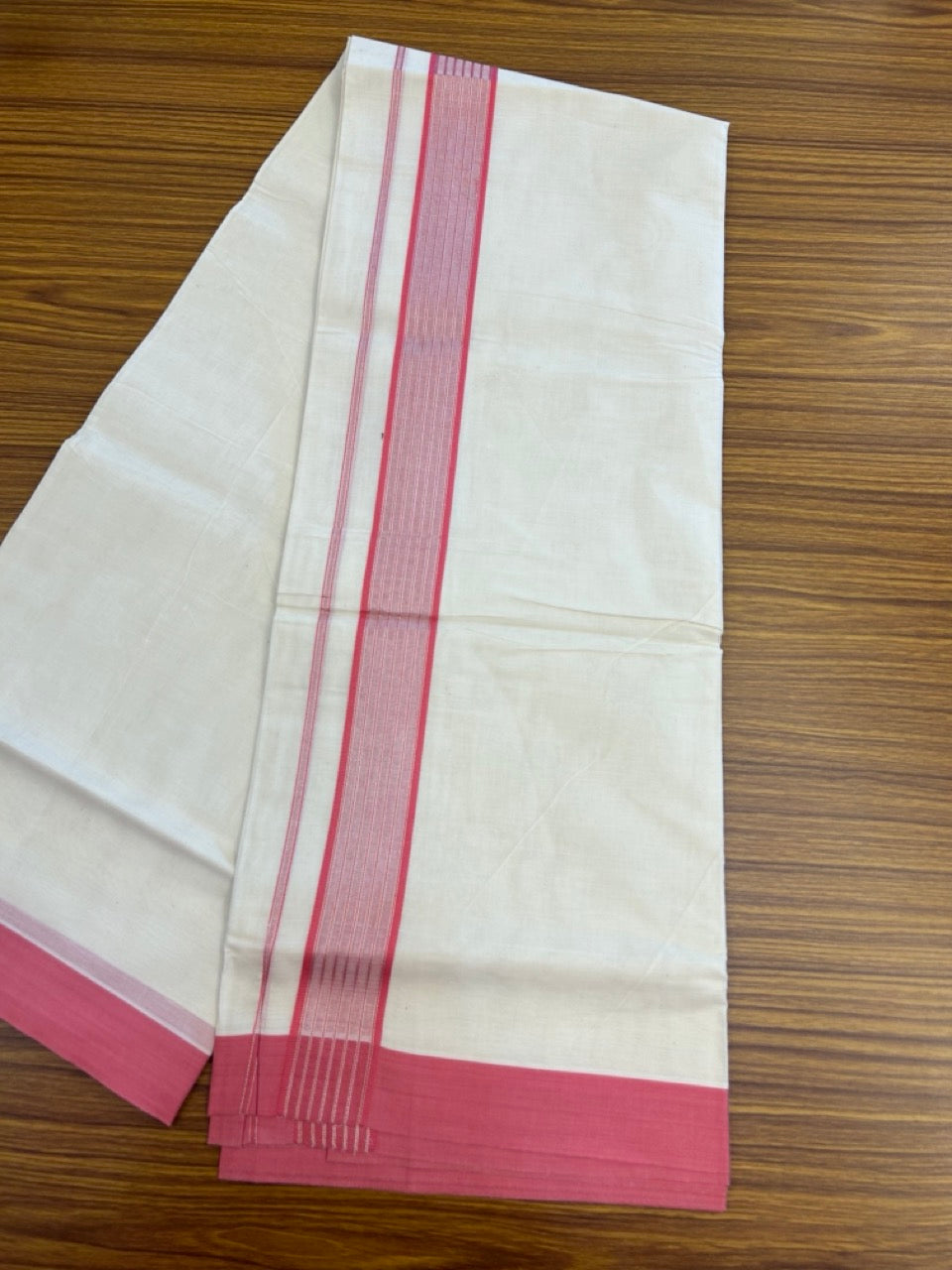 20% Discount! KaithariKada Balaramapuram Pure Cotton Double Off White Mundu/Dhoti - 100x80 - 1.75 Inch Silver Kasav & Pink Stripes Kara 4 mtr (8.5 Muzham) - 21 KK5284 PMC