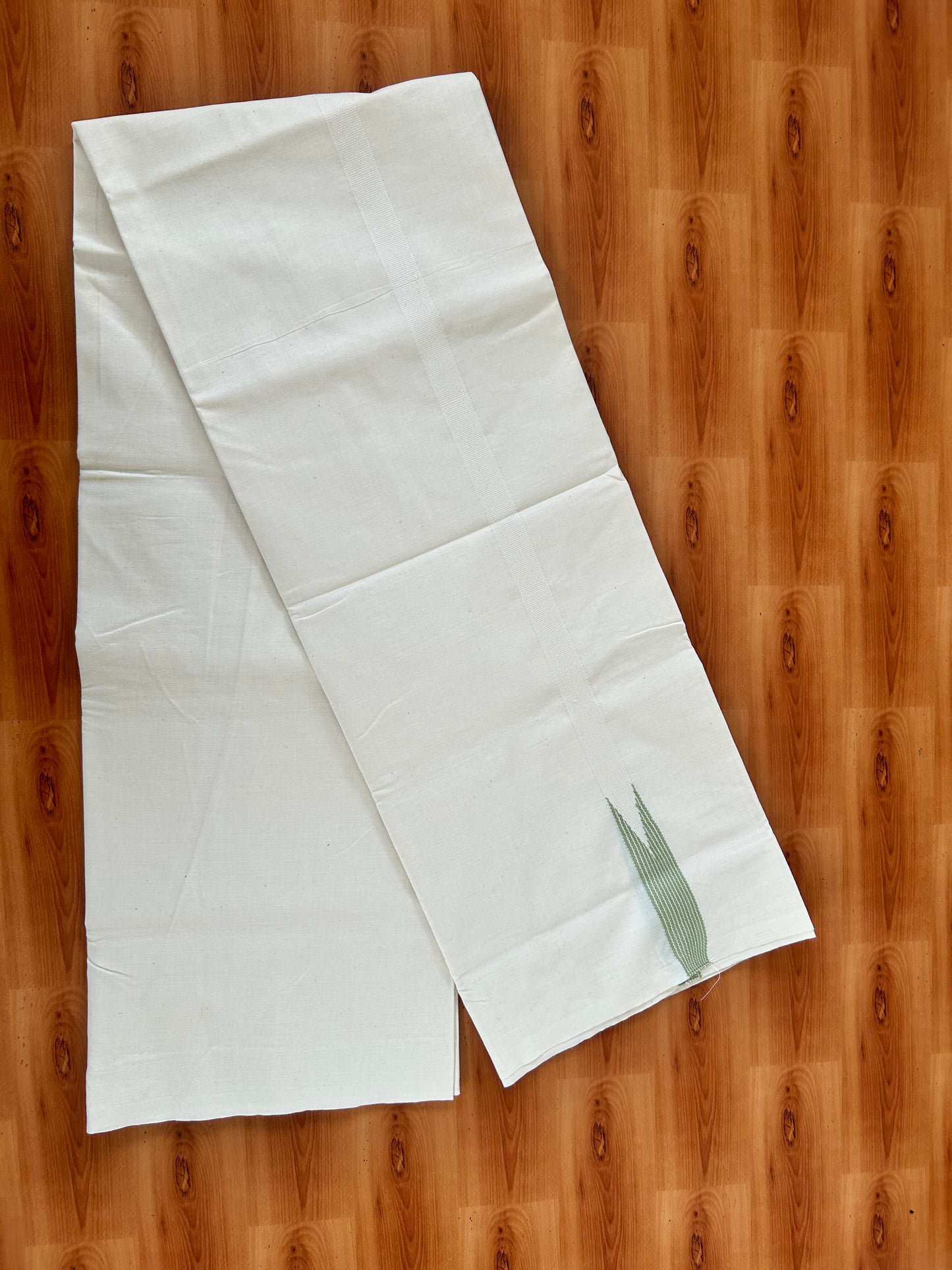 20% Discount!! KaithariKada Balaramapuram 100% Cotton Single Off White - (Unbleached) Mundu/Dhoti - Twisted 100s Thread - 0.75 inch Puliyilakkara Pista Green Striped Chutty Kara(2 meter / 4 muzham) - 2 KK5420 ASH