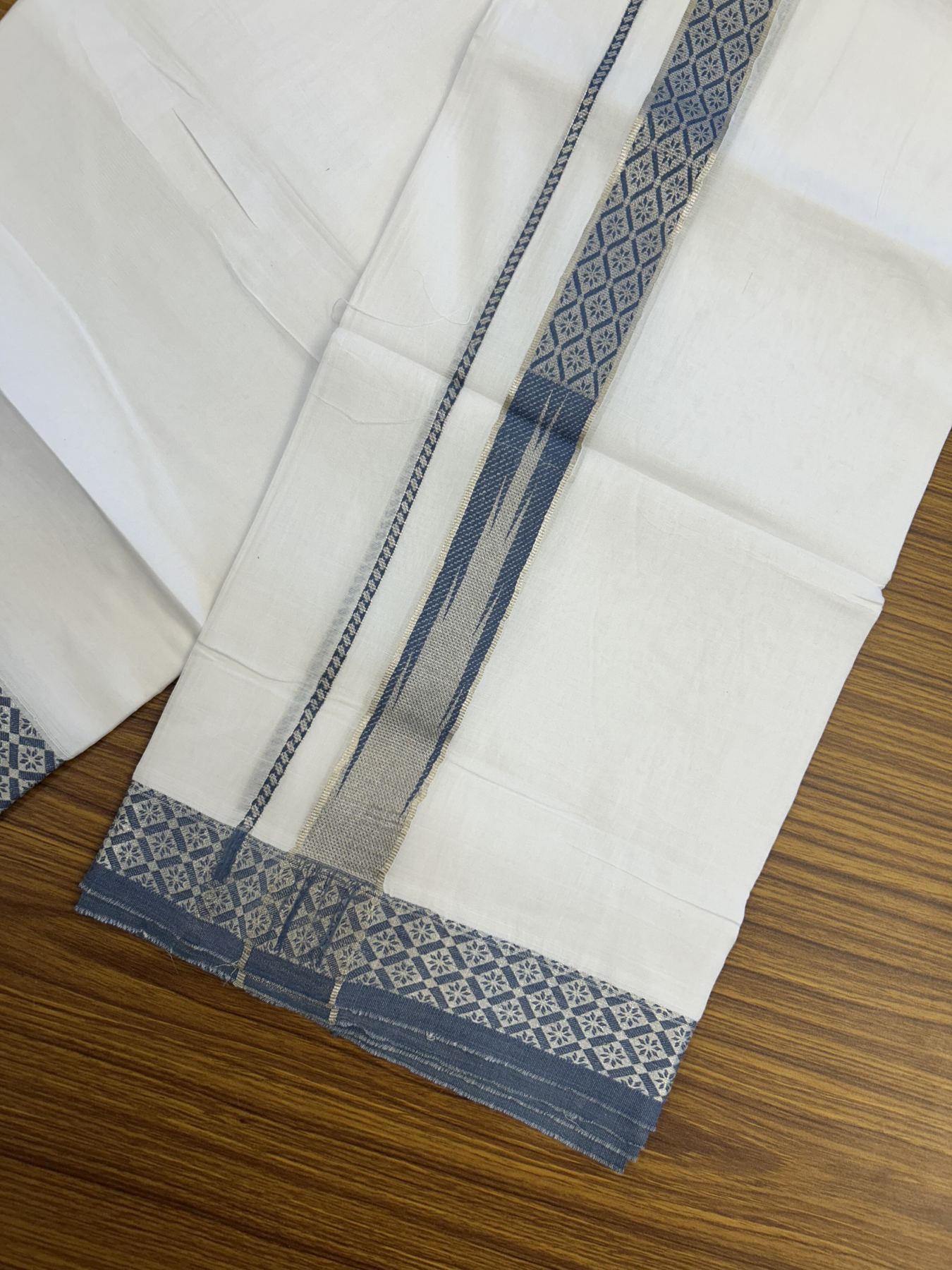 20% Discount ! KaithariKada Balaramapuram 100% Pure Cotton Double Pure White Mundu/Dhoti - 100x80 - 1.25 inch Puliyilakkara Silver Kasav & Peacock Blue Jacquard Design Chutty kara 3.90 mtr (8 Muzham) - 14 KK5321 CJT