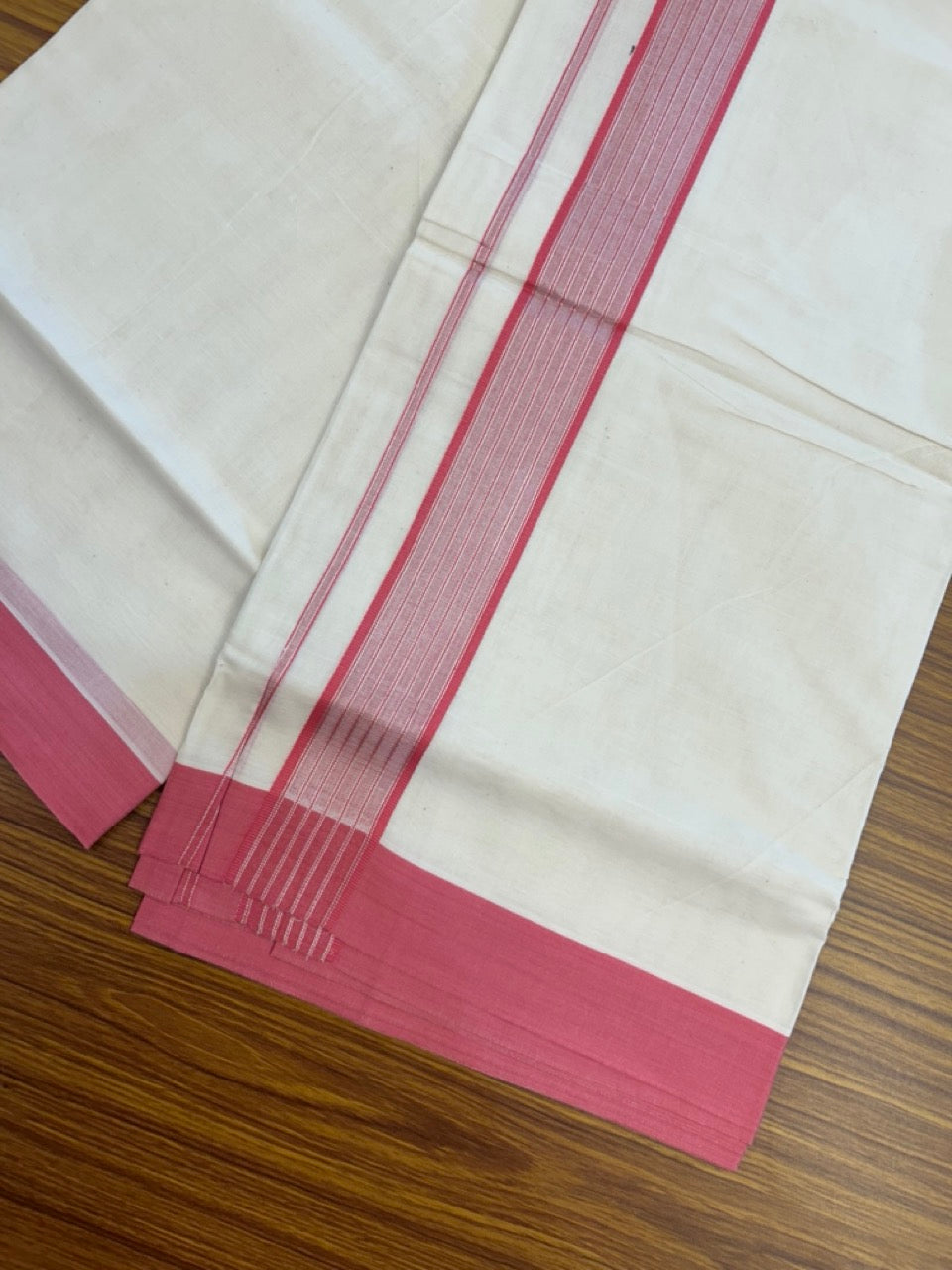 20% Discount! KaithariKada Balaramapuram Pure Cotton Double Off White Mundu/Dhoti - 100x80 - 1.75 Inch Silver Kasav & Pink Stripes Kara 4 mtr (8.5 Muzham) - 21 KK5284 PMC