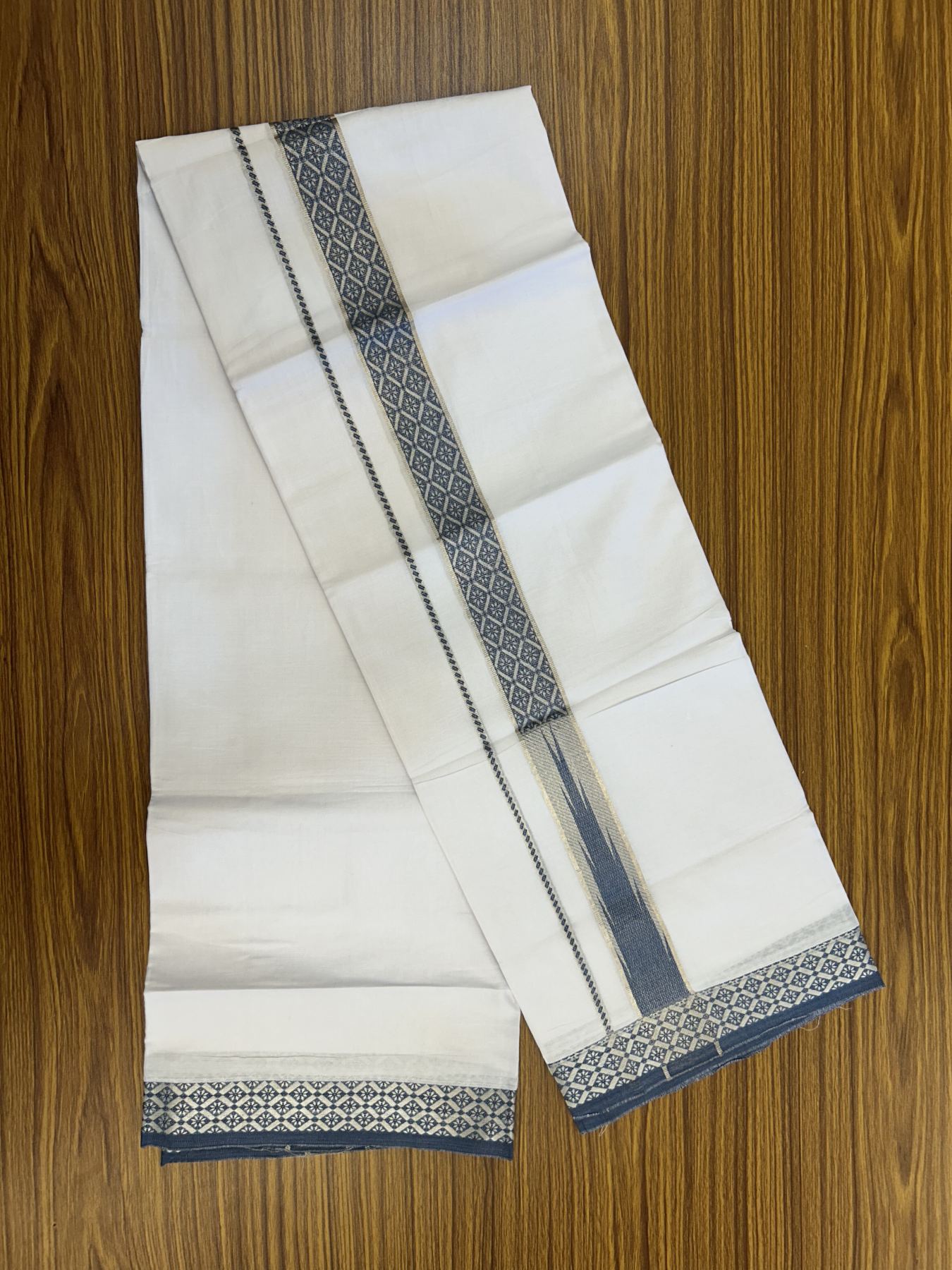 20% Discount ! KaithariKada Balaramapuram 100% Pure Cotton Double Pure White Mundu/Dhoti - 100x80 - 1.25 inch Puliyilakkara Silver Kasav & Peacock Blue Jacquard Design Chutty kara 3.90 mtr (8 Muzham) - 15 KK5321 CJT