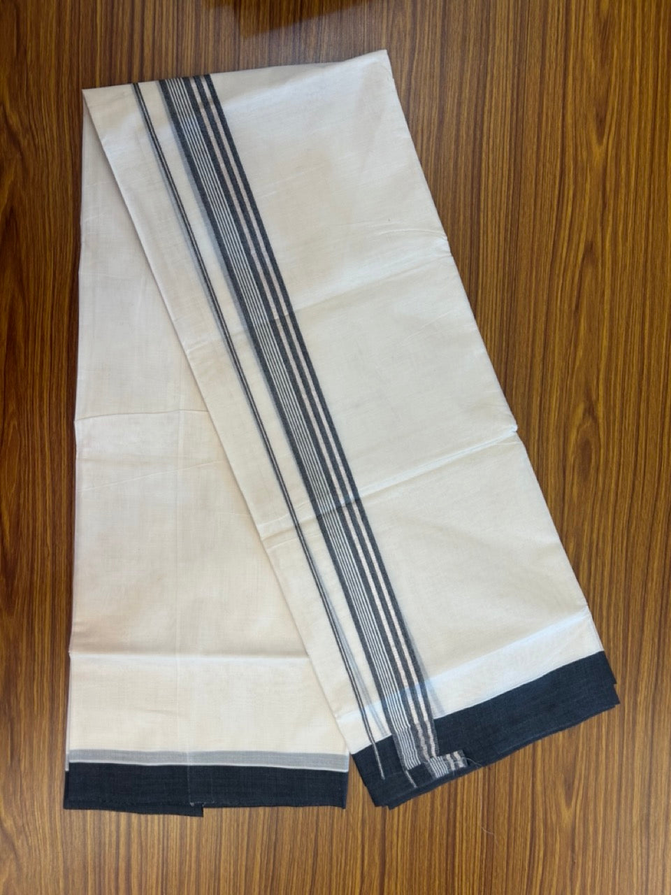 20% Discount! KaithariKada Balaramapuram Pure Cotton Double Off White Mundu/Dhoti - 100x80 - 1.75 Inch Silver Kasav & Black Shaded Stripes Kara 4 mtr (8.5 Muzham) - 27 KK5284 PMC