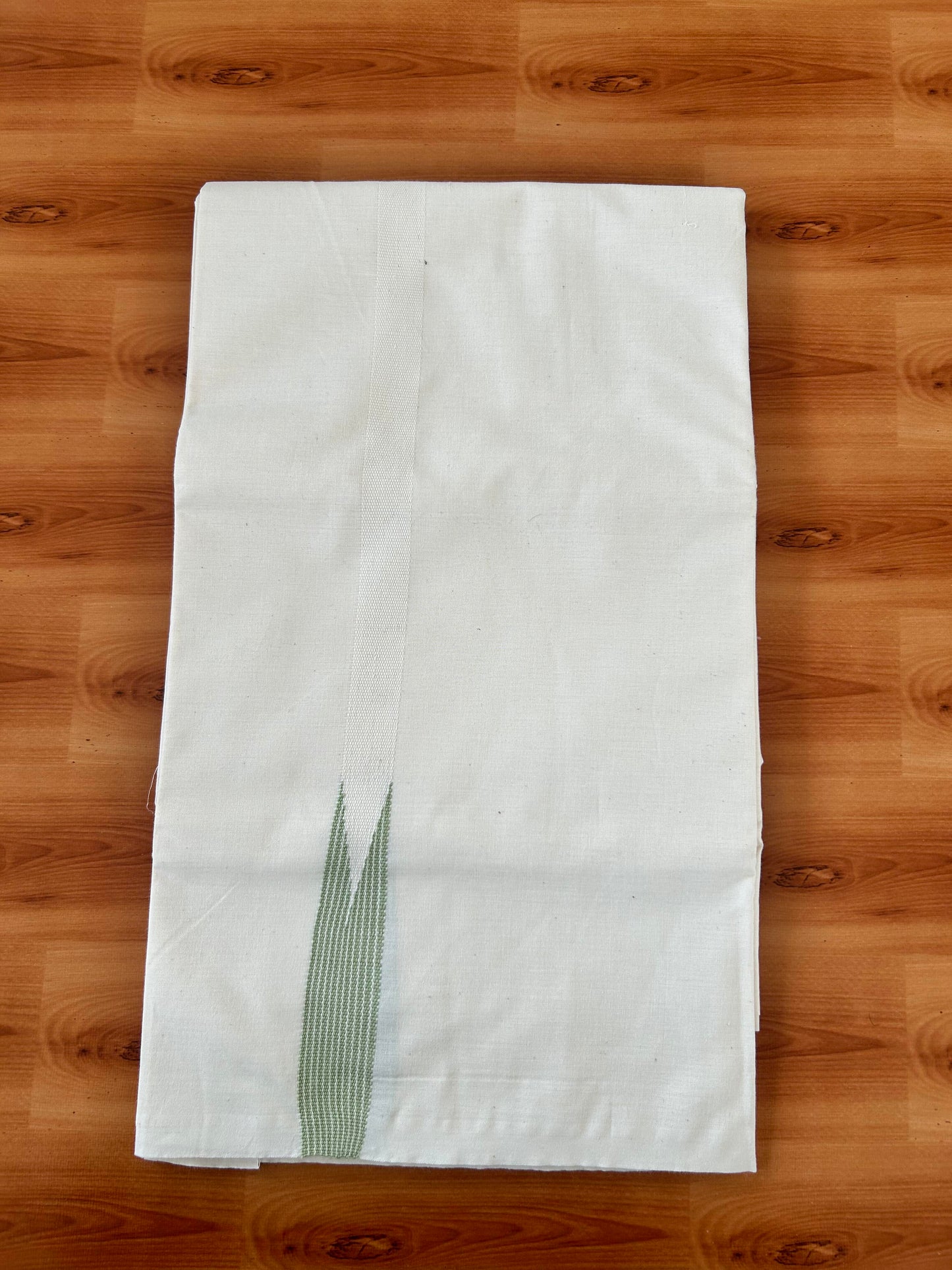 20% Discount!! KaithariKada Balaramapuram 100% Cotton Single Off White - (Unbleached) Mundu/Dhoti - Twisted 100s Thread - 0.75 inch Puliyilakkara Pista Green Striped Chutty Kara(2 meter / 4 muzham) - 2 KK5420 ASH
