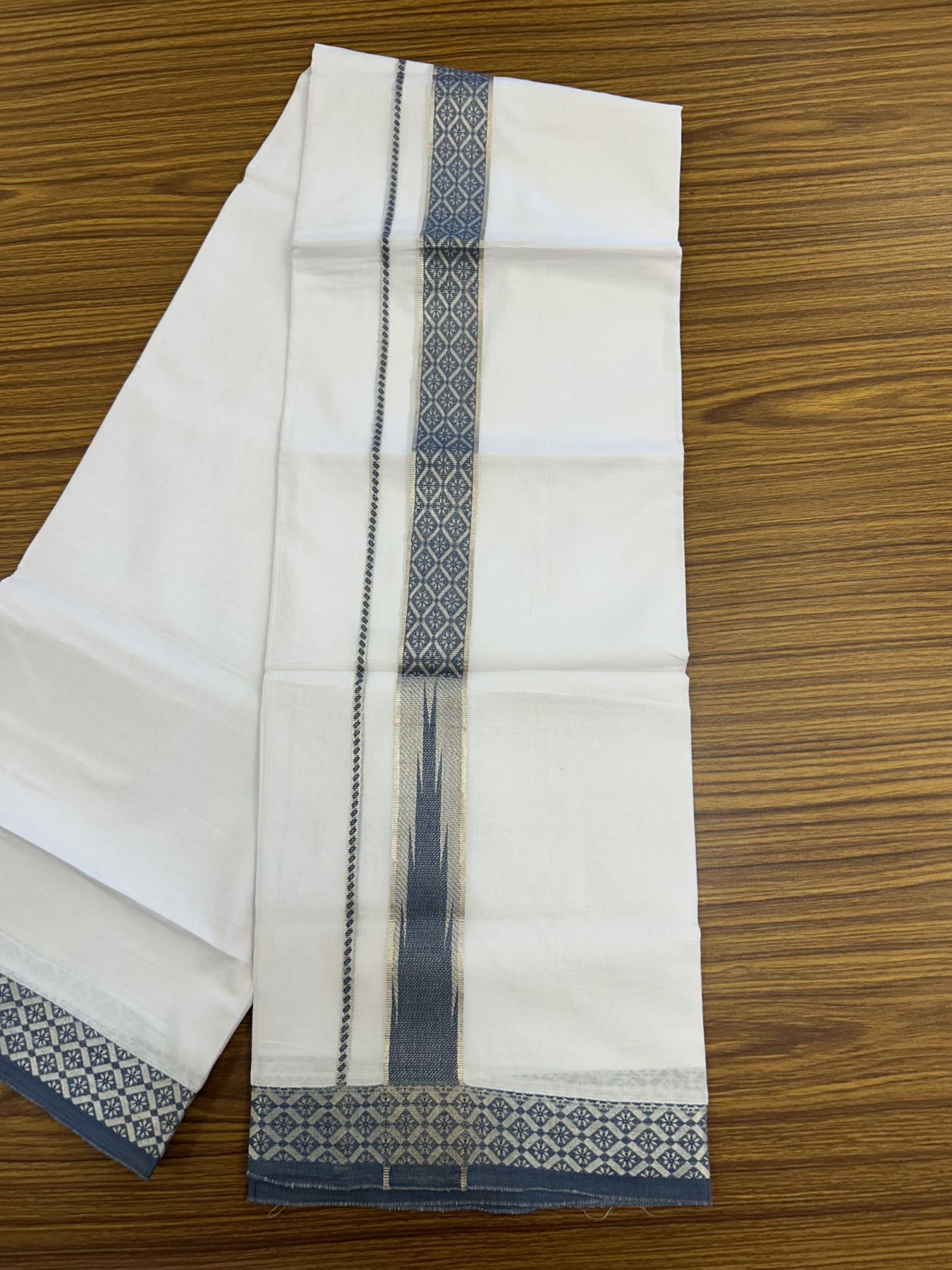 20% Discount ! KaithariKada Balaramapuram 100% Pure Cotton Double Pure White Mundu/Dhoti - 100x80 - 1.25 inch Puliyilakkara Silver Kasav & Peacock Blue Jacquard Design Chutty kara 3.90 mtr (8 Muzham) - 15 KK5321 CJT