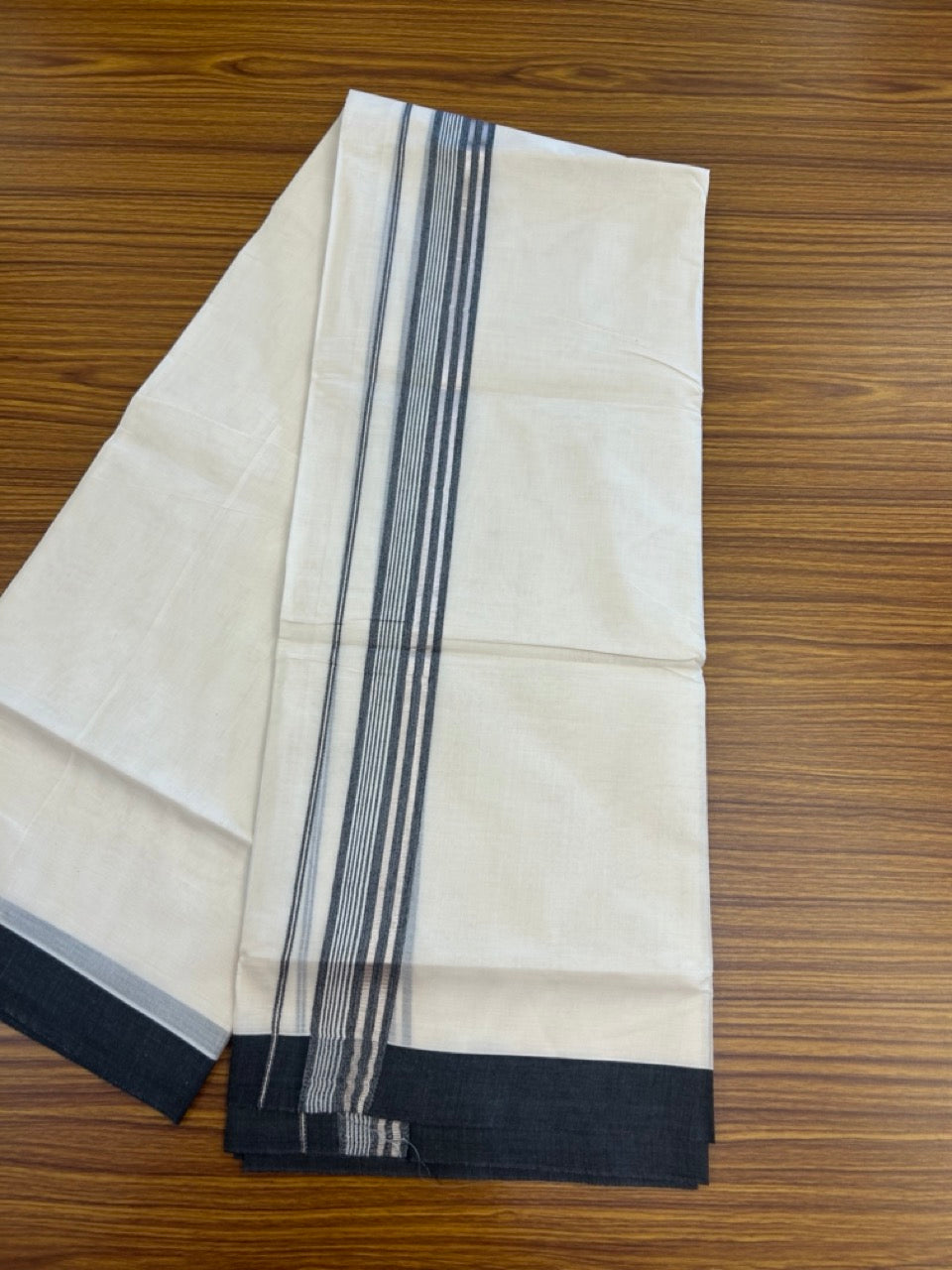 20% Discount! KaithariKada Balaramapuram Pure Cotton Double Off White Mundu/Dhoti - 100x80 - 1.75 Inch Silver Kasav & Black Shaded Stripes Kara 4 mtr (8.5 Muzham) - 27 KK5284 PMC