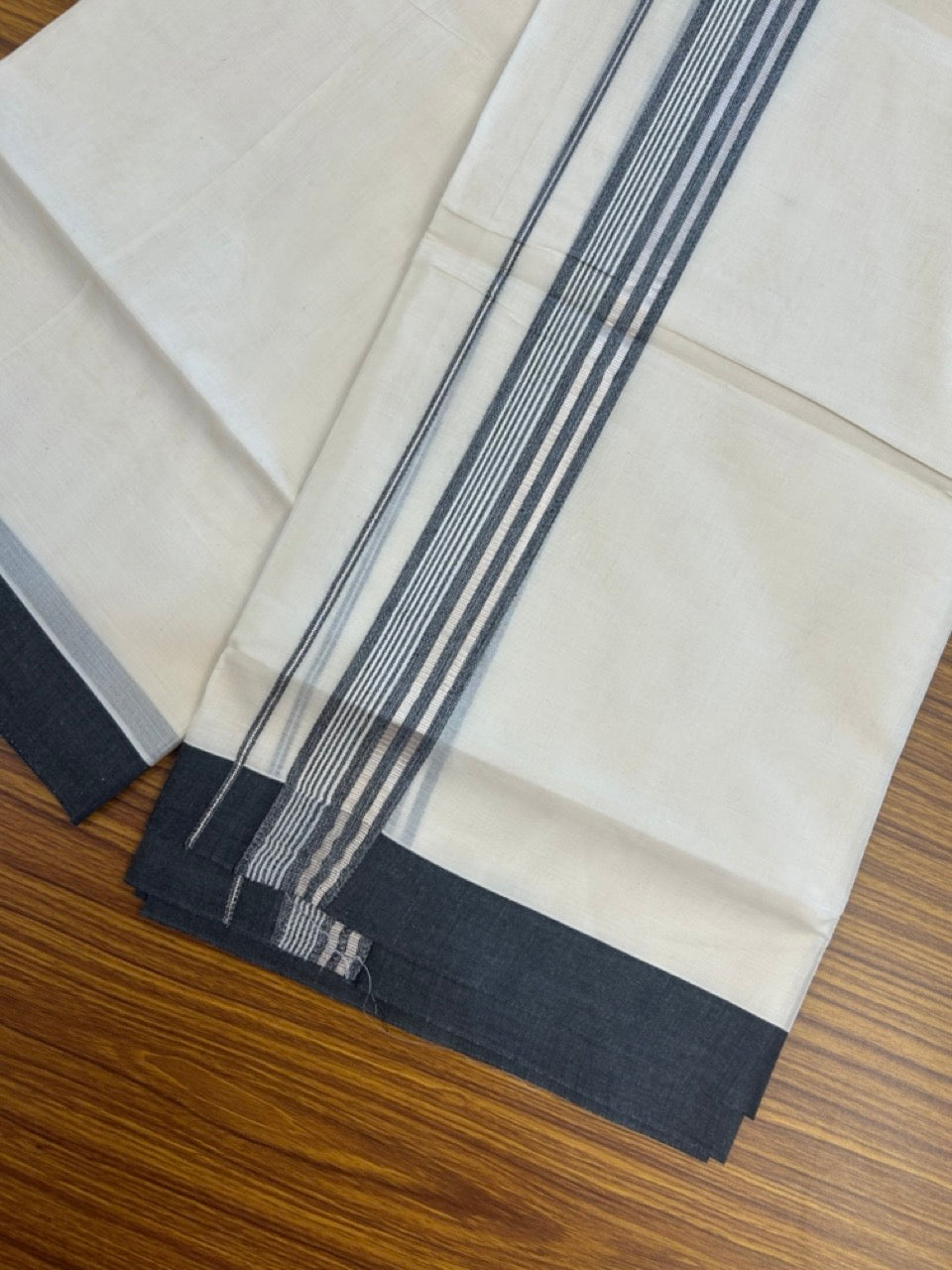 20% Discount! KaithariKada Balaramapuram Pure Cotton Double Off White Mundu/Dhoti - 100x80 - 1.75 Inch Silver Kasav & Black Shaded Stripes Kara 4 mtr (8.5 Muzham) - 27 KK5284 PMC