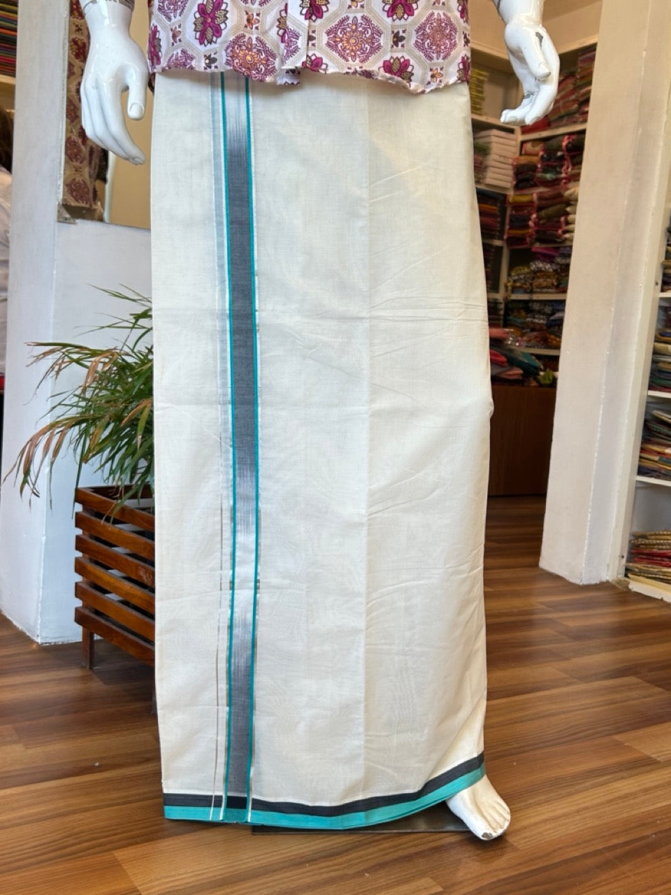 19% Discount!!! KaithariKada Balaramapuram  Double RAINBOW Off white - (Unbleached) Mundu/Dhoti - 80X90 - 2.25 inch Black & Dark Turquoise Green Silver Striped Designer Kara- 11KK5042KAI