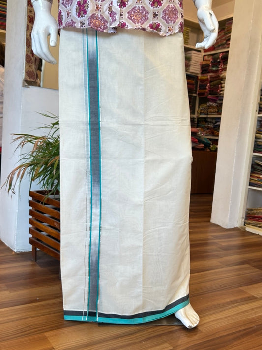 19% Discount!!! KaithariKada Balaramapuram  Double RAINBOW Off white - (Unbleached) Mundu/Dhoti - 80X90 - 2.25 inch Black & Dark Turquoise Green Silver Striped Designer Kara- 11KK5042KAI