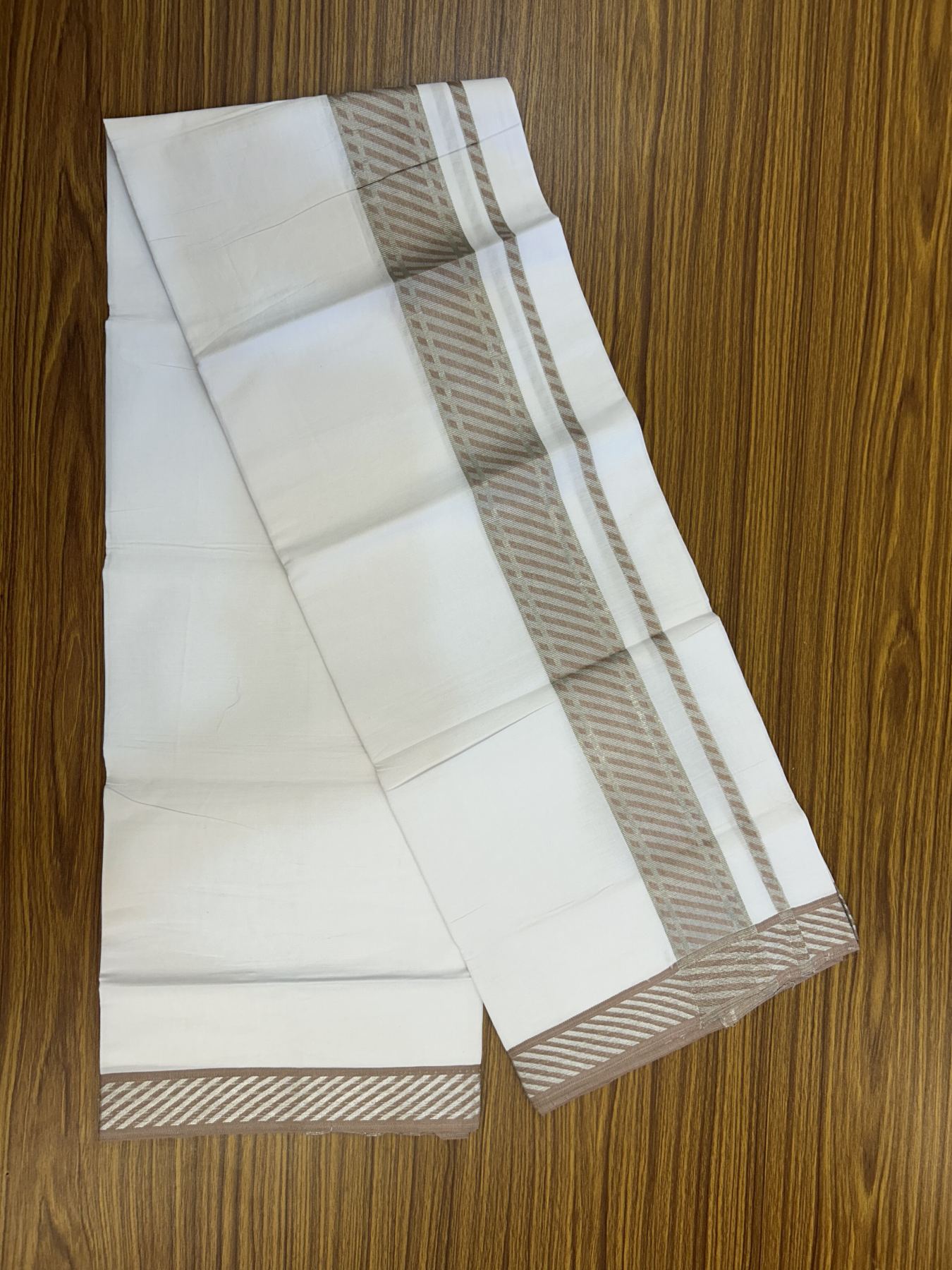 20% Discount ! KaithariKada Balaramapuram 100% Cotton Single Pure White Mundu/Dhoti - 30X70 - 2 inch Silver Kasav & Dusty Brown Jacquard Design kara 1.90 mtr (4 Muzham) - 1 KK5321 CJT