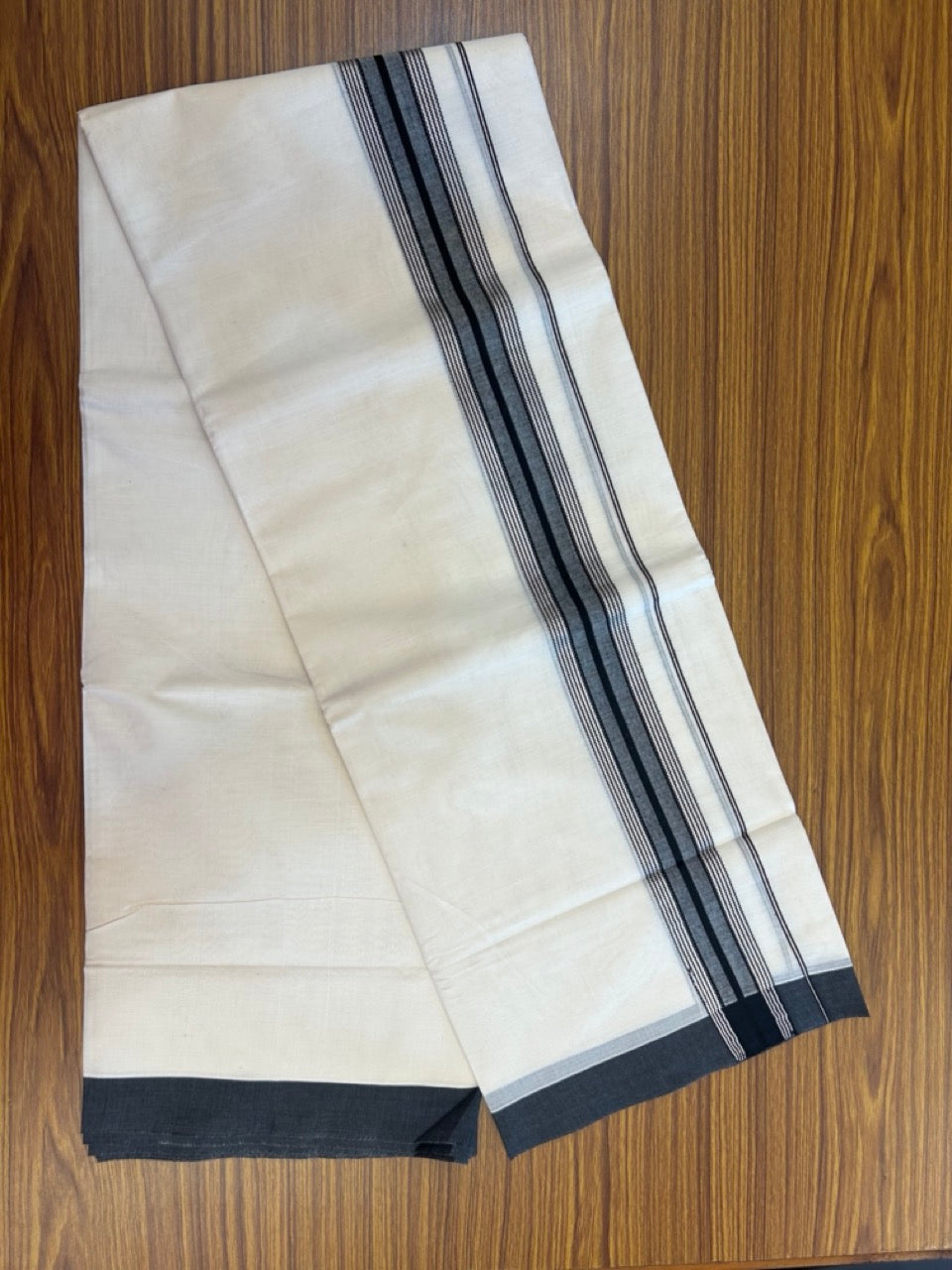 20% Discount! KaithariKada Balaramapuram Pure Cotton Double Off White Mundu/Dhoti - 100x80 - 1.75 Inch Silver Kasav & Black Shaded Stripes Kara 4 mtr (8.5 Muzham) - 28 KK5284 PMC