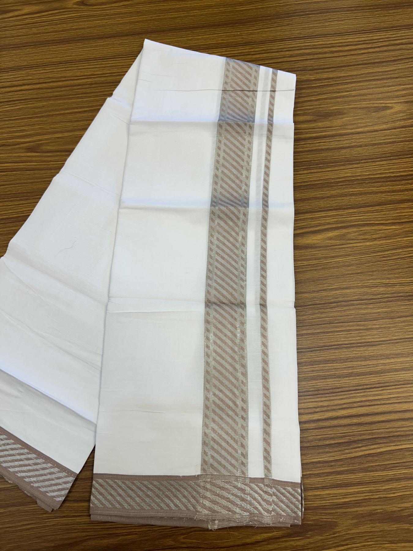 20% Discount ! KaithariKada Balaramapuram 100% Cotton Single Pure White Mundu/Dhoti - 30X70 - 2 inch Silver Kasav & Dusty Brown Jacquard Design kara 1.90 mtr (4 Muzham) - 1 KK5321 CJT