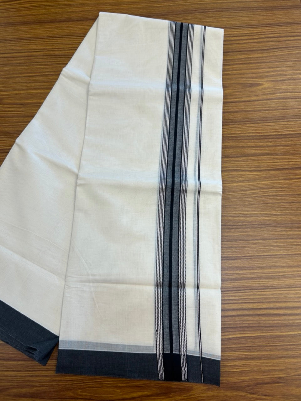 20% Discount! KaithariKada Balaramapuram Pure Cotton Double Off White Mundu/Dhoti - 100x80 - 1.75 Inch Silver Kasav & Black Shaded Stripes Kara 4 mtr (8.5 Muzham) - 28 KK5284 PMC