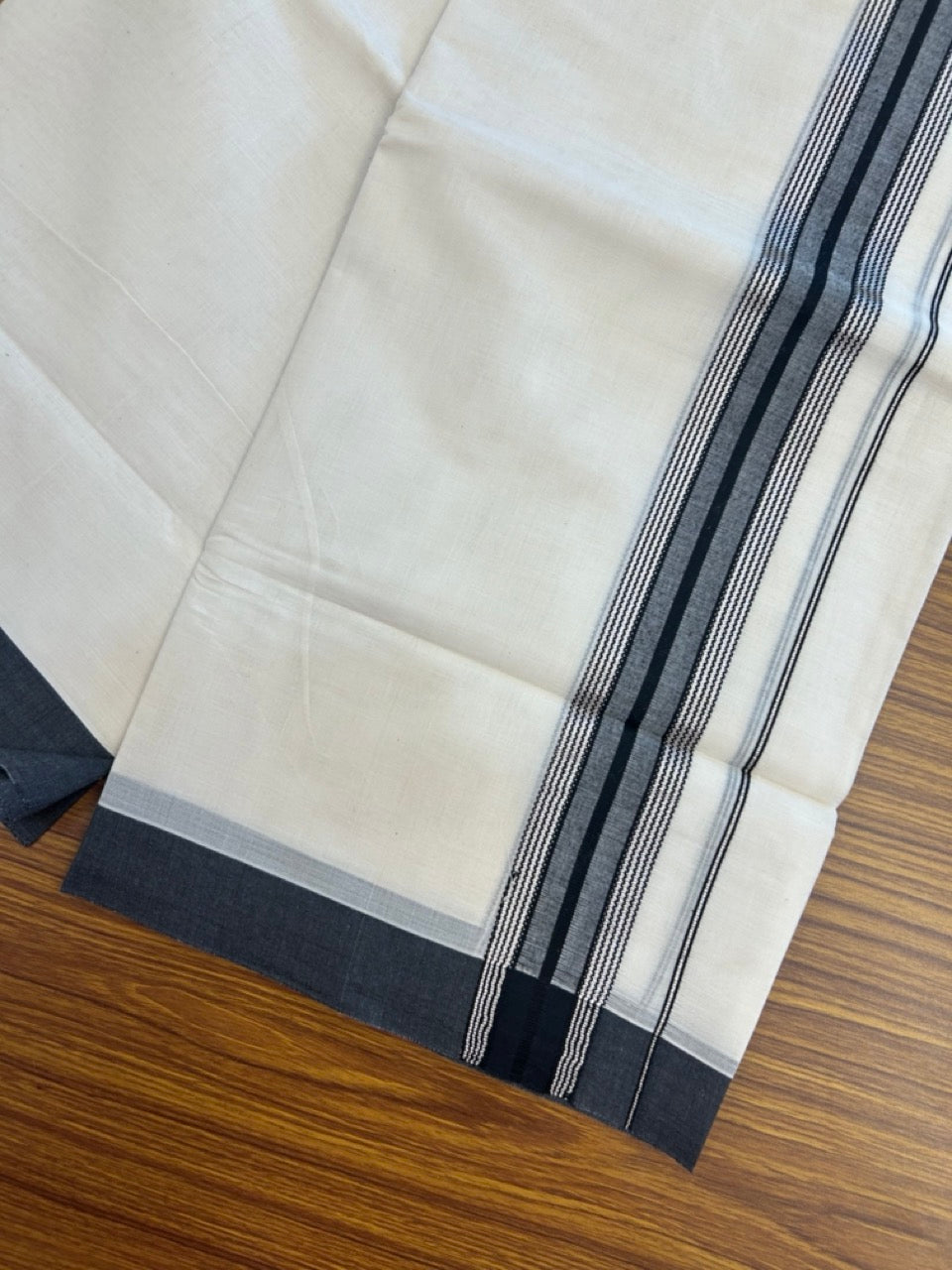 20% Discount! KaithariKada Balaramapuram Pure Cotton Double Off White Mundu/Dhoti - 100x80 - 1.75 Inch Silver Kasav & Black Shaded Stripes Kara 4 mtr (8.5 Muzham) - 28 KK5284 PMC