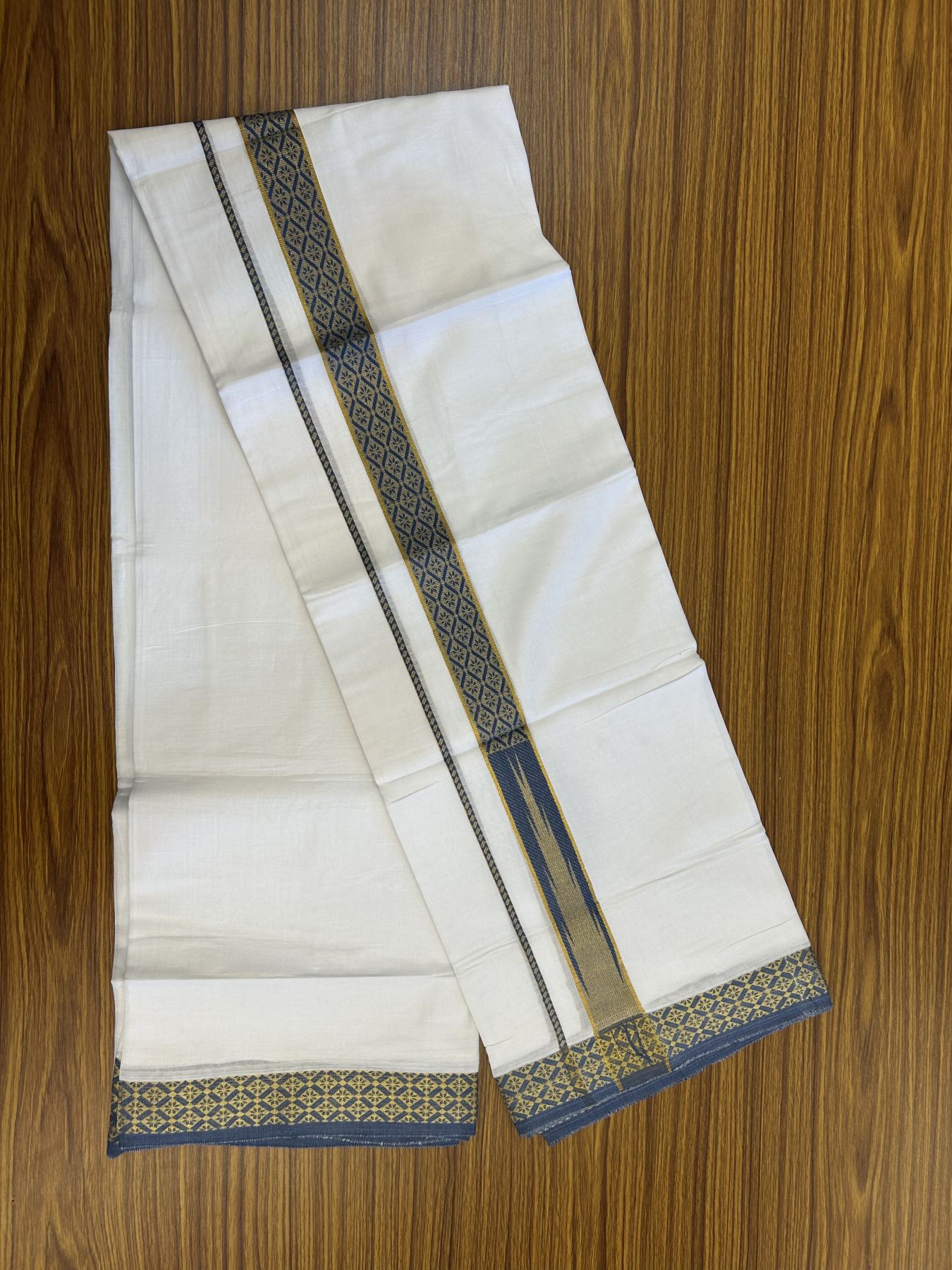 20% Discount ! KaithariKada Balaramapuram 100% Pure Cotton Double Pure White Mundu/Dhoti - 100x80 - 1.25 inch Puliyilakkara Gold Kasav & Peacock Blue Jacquard Design Chutty kara 3.90 mtr (8 Muzham) - 18 KK5321 CJT