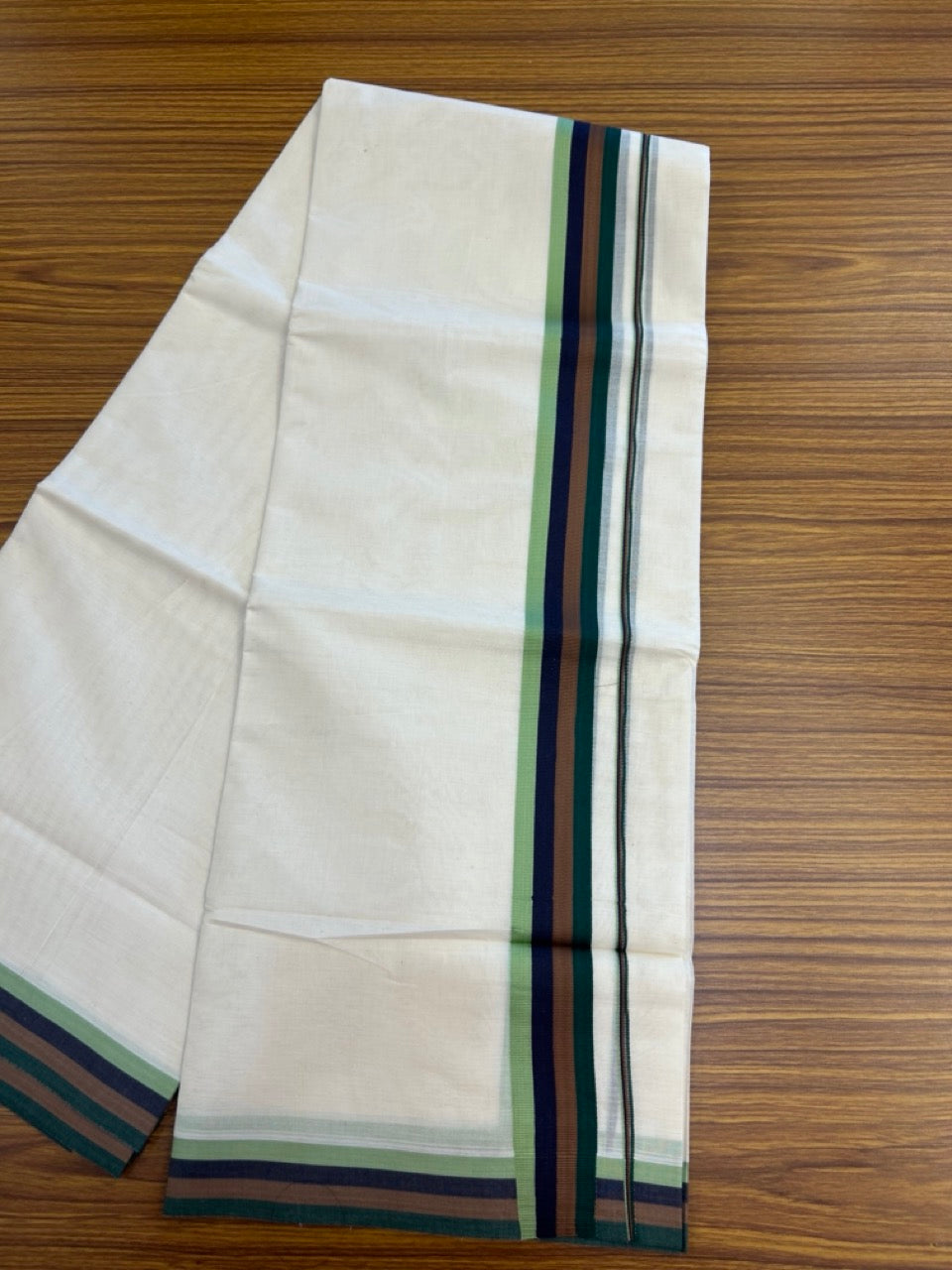 16% DISCOUNT ! KaithariKada Balaramapuram 100% Cotton off white (Unbleached) Double  Mundu/Dhoti - 100X80 - 1.5 inch Multi Colour kara 4 mtr (8.5 muzham) - 38 KK5284 PMC