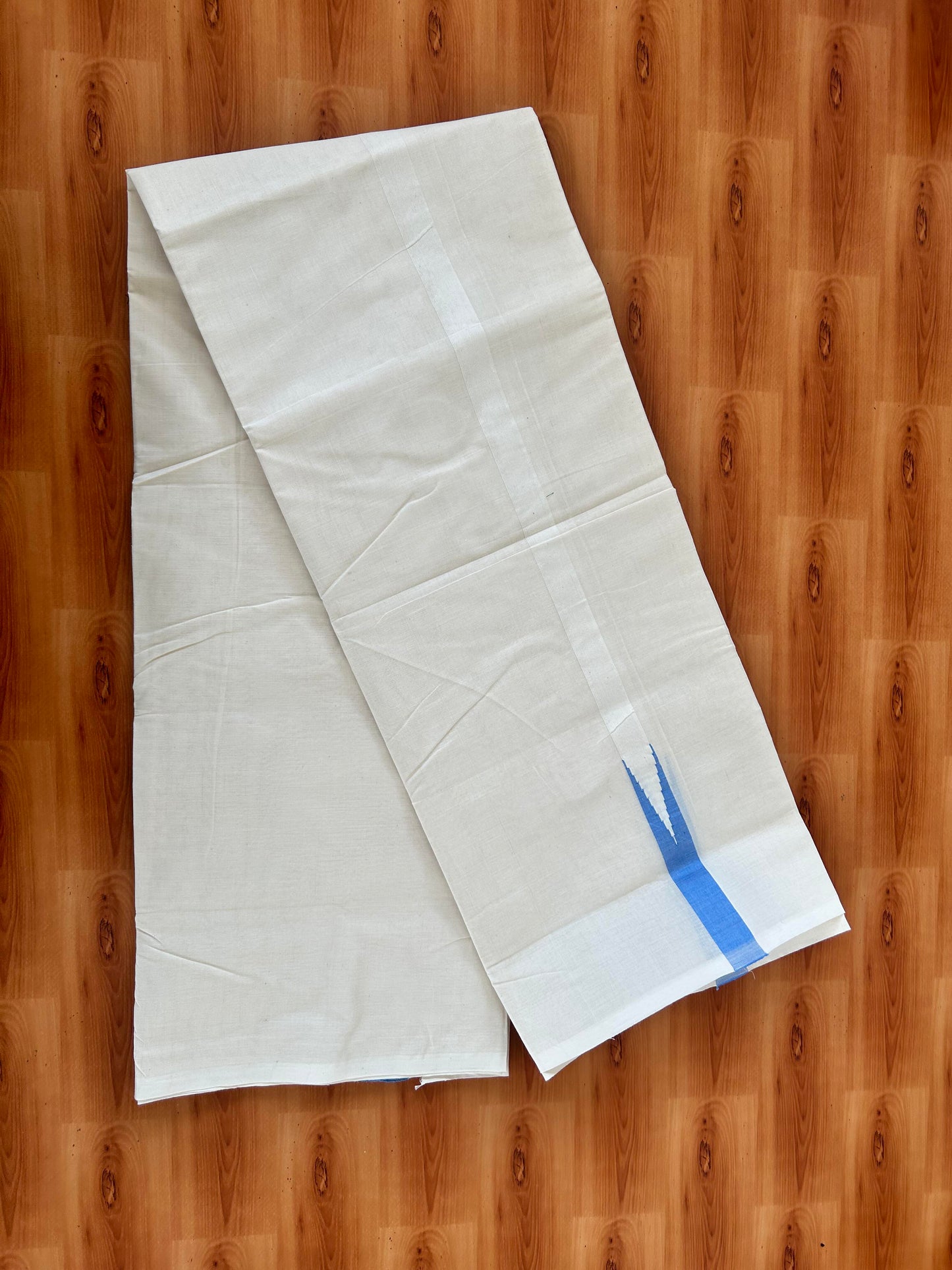 Double Off white Mundu/Dhoti - 20% Discount! KaithariKada Balaramapuram 100% Cotton - 100x100 - 1 inch Puliyilakkara Light Blue Chutty Kara - 4 mtr (8.5 muzham) - 14 KK5420 ASH