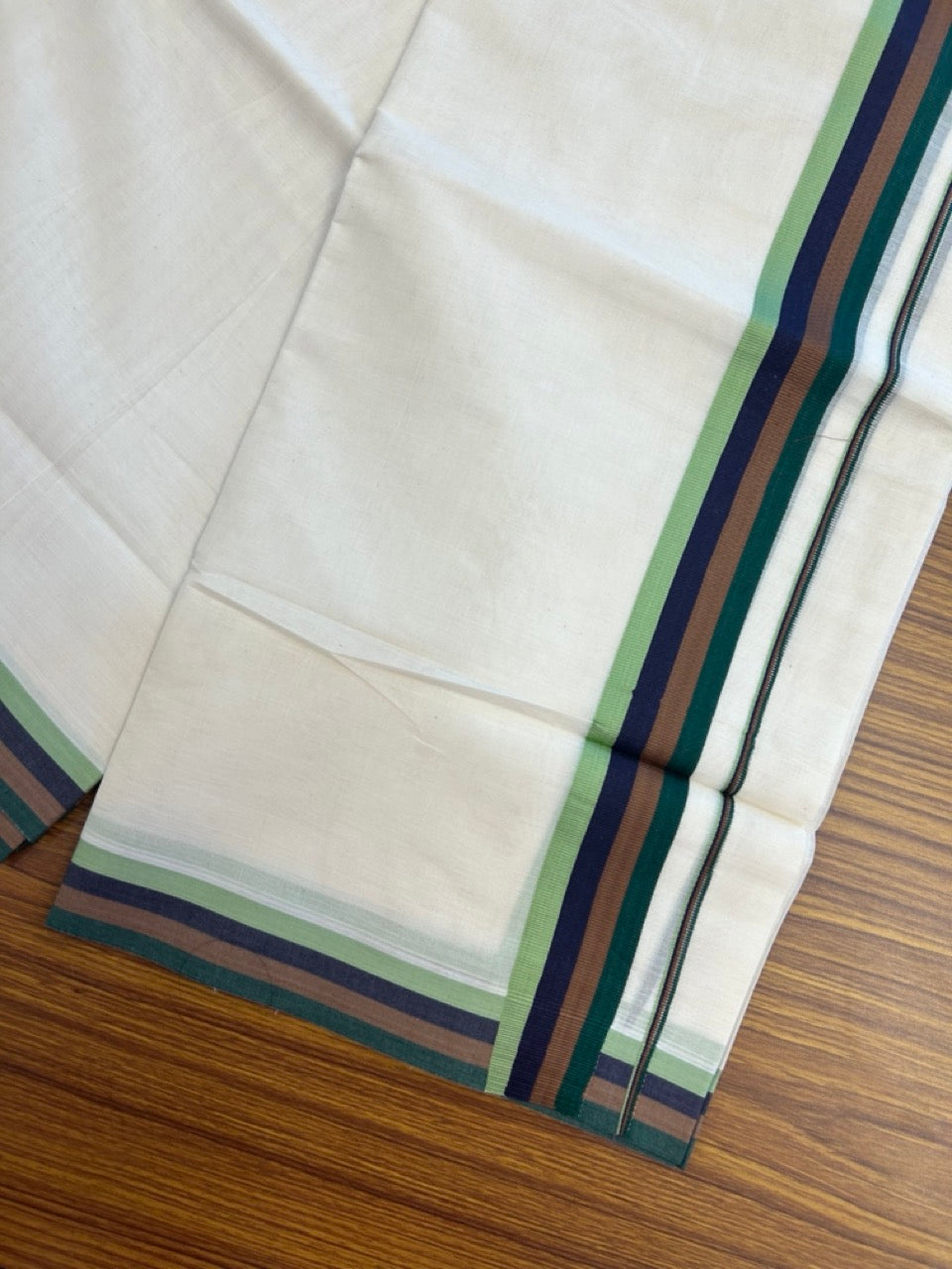16% DISCOUNT ! KaithariKada Balaramapuram 100% Cotton off white (Unbleached) Double  Mundu/Dhoti - 100X80 - 1.5 inch Multi Colour kara 4 mtr (8.5 muzham) - 38 KK5284 PMC