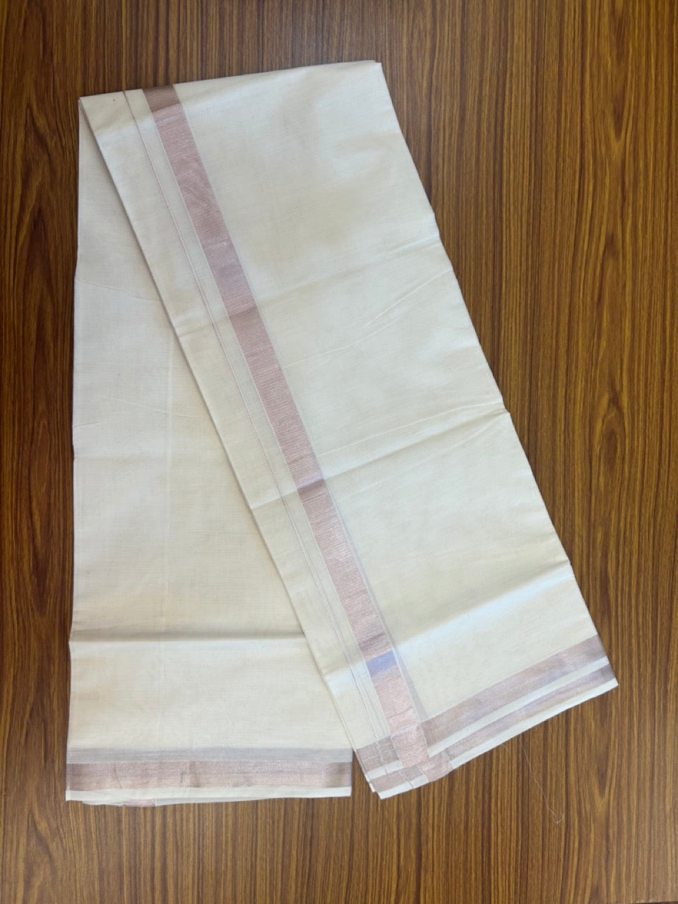19% DISCOUNT! KaithariKada Balaramapuram DOUBLE OFF WHITE - (Ubleached) Mundu/Dhoti - Cotton mix - 80s - 1 inch Light Rose Pink kasavu Kara 4 mtr (8.5 Muzham) - 40 KK5284 PMC