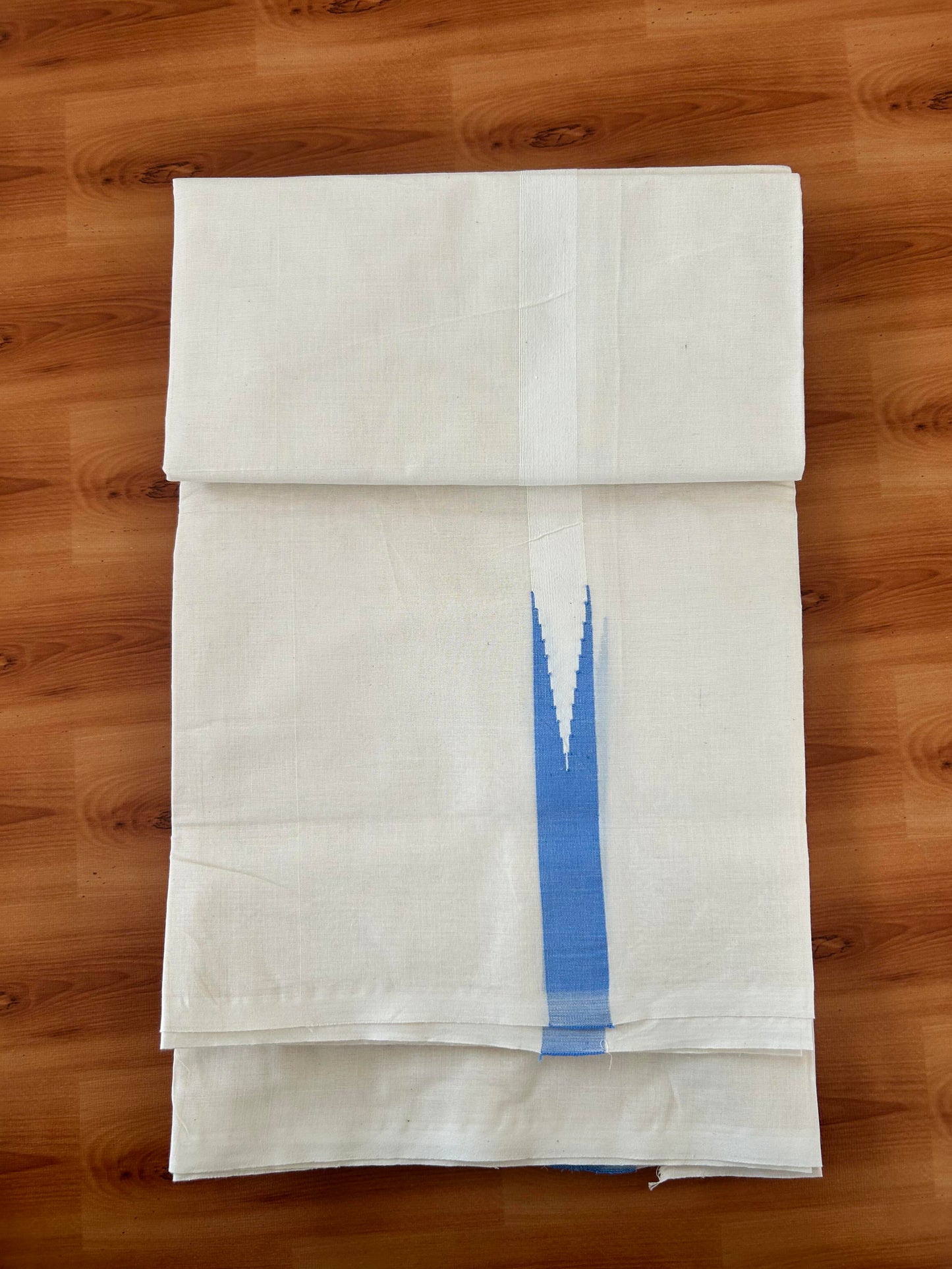 Double Off white Mundu/Dhoti - 20% Discount! KaithariKada Balaramapuram 100% Cotton - 100x100 - 1 inch Puliyilakkara Light Blue Chutty Kara - 4 mtr (8.5 muzham) - 14 KK5420 ASH