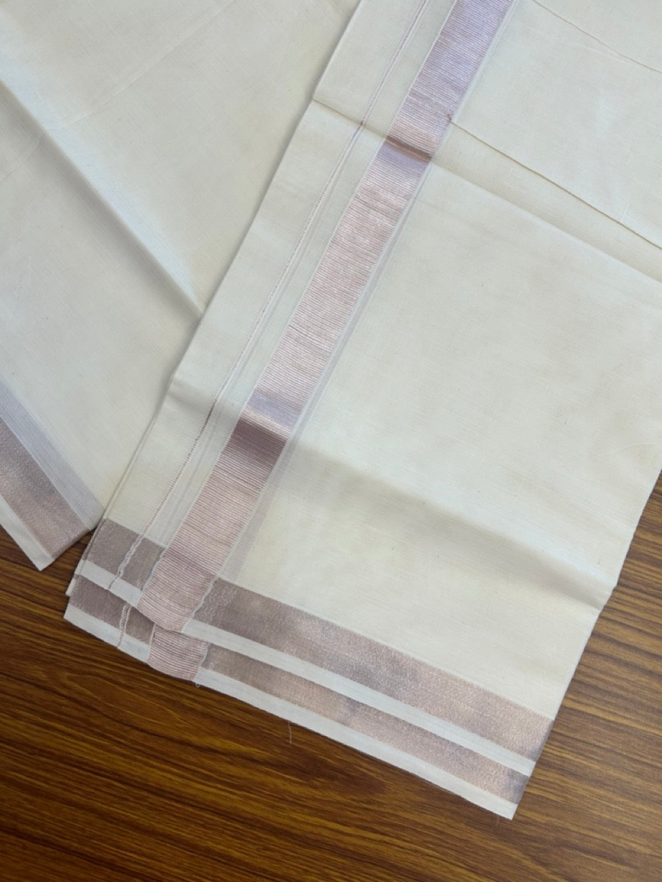 19% DISCOUNT! KaithariKada Balaramapuram DOUBLE OFF WHITE - (Ubleached) Mundu/Dhoti - Cotton mix - 80s - 1 inch Light Rose Pink kasavu Kara 4 mtr (8.5 Muzham) - 40 KK5284 PMC