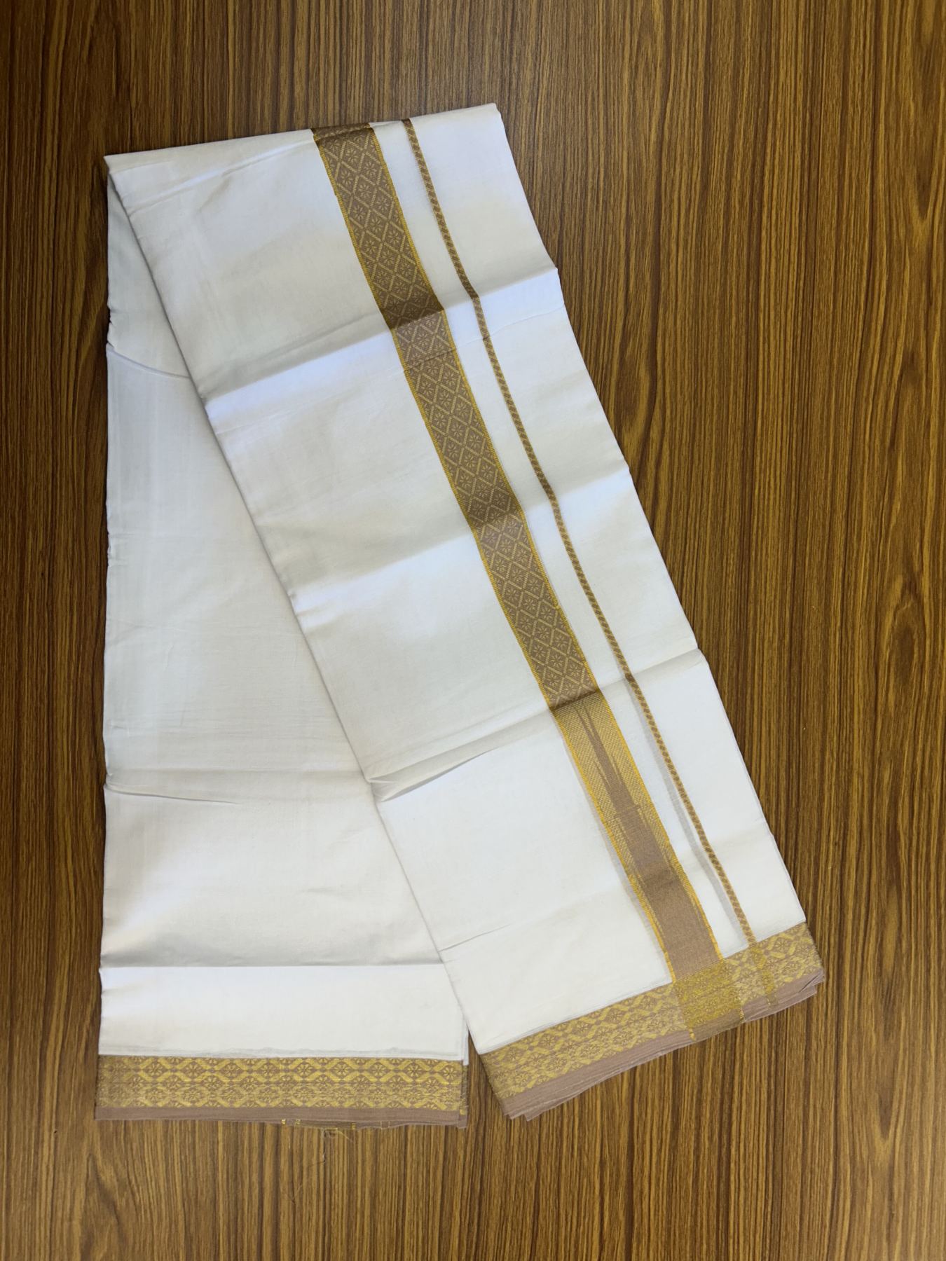 20% Discount ! KaithariKada Balaramapuram 100% Pure Cotton Double Pure White Mundu/Dhoti - 100x80 - 1.25 inch Puliyilakkara Gold Kasav & Dark Peach Jacquard Design Chutty kara 3.90 mtr (8 Muzham) - 21 KK5321 CJT