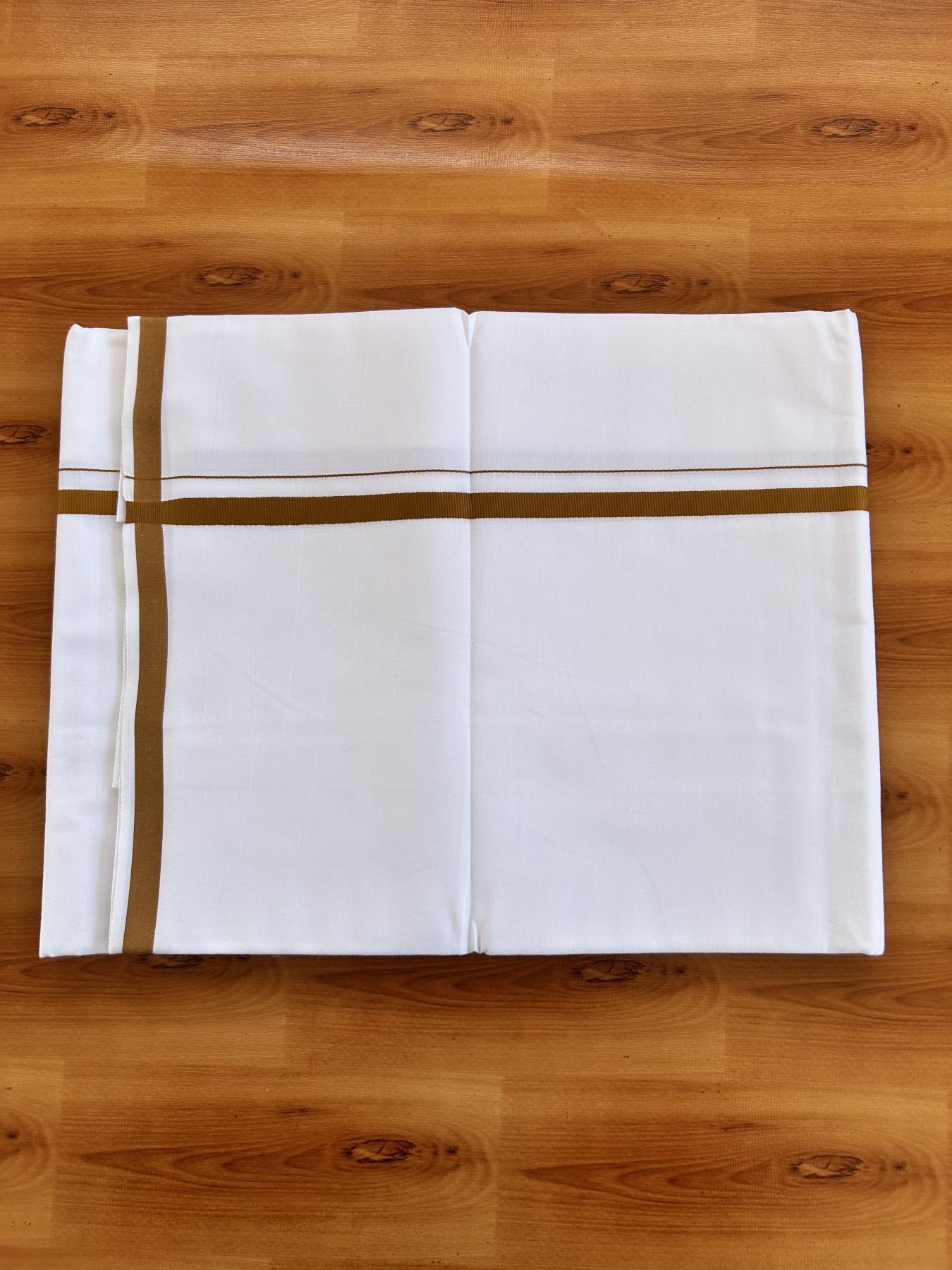 Single Pure White 100% Pure Cotton Mundu/Dhoti - 8% Discount! KaithariKada Mill Bleached - 40s - 1 cm Mustard Brown Kara (2 meter / 4 muzham) - 14 KK5467 MC